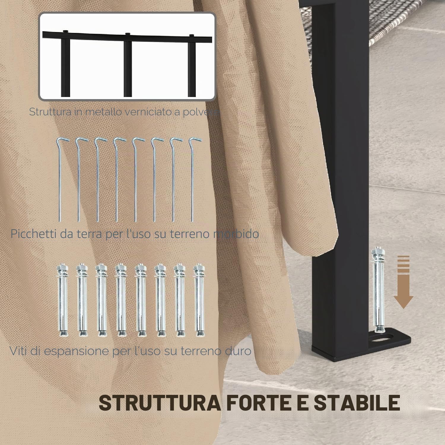 Gazebo 3 mt Gazebo Giardino Rotondo in Metallo/Tessuto con Tende colore Beige