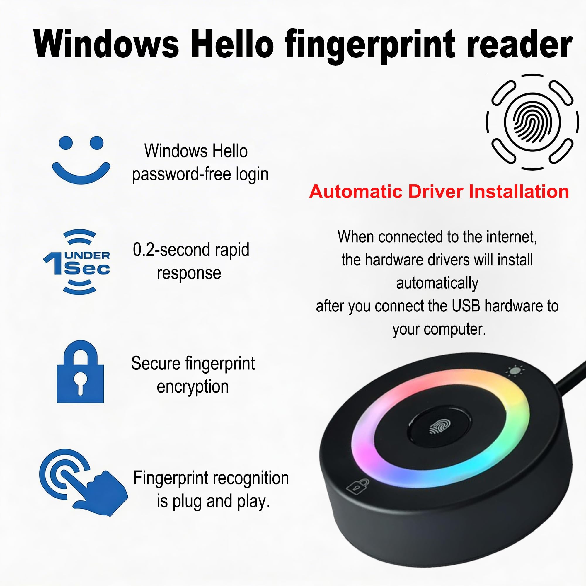 Lector de huellas dactilares USB para PC y portátil, escáner biométrico Windows Hello con tacto de 360°, inicio de sesión rápido <1s, llave de seguridad portátil para Windows 10/11