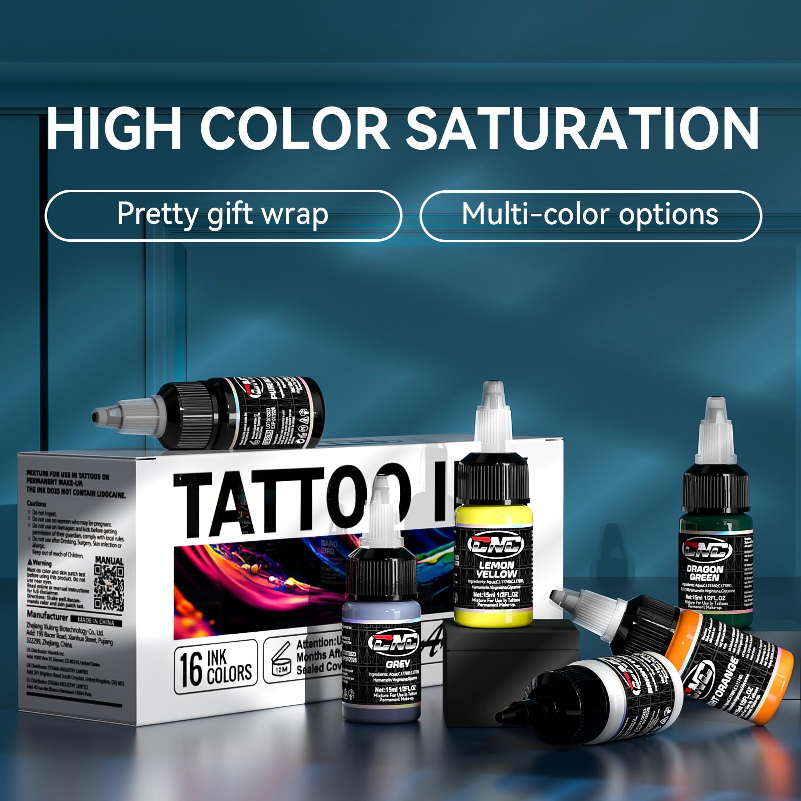 CNC Kit de pintura de tatuaje – Kit de 16 colores básicos 1 oz (15 ml) 16 unidades – Tinta de tatuaje – Set de tinta para tatuajes TI6003-15-16