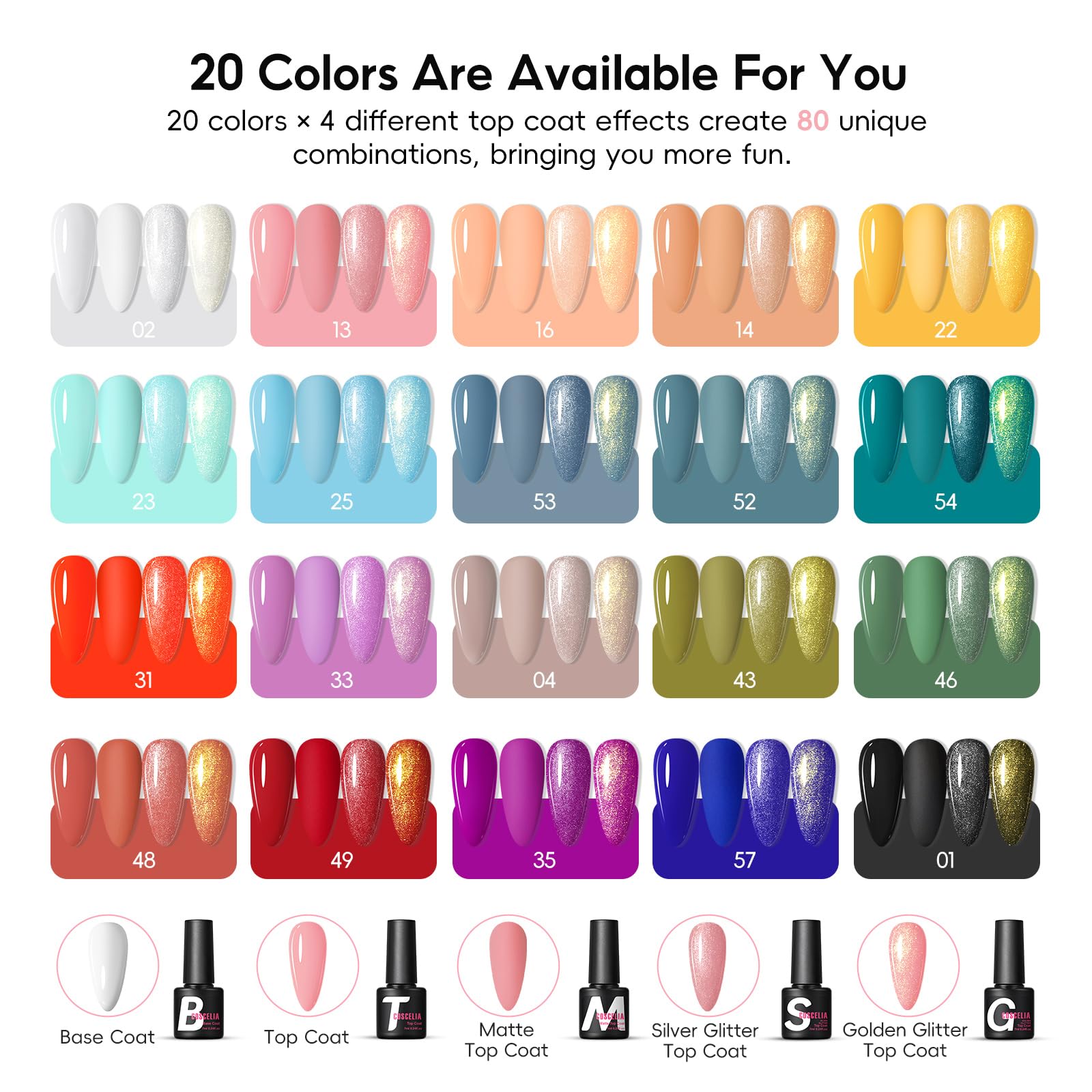 COSCELIA 38-częściowy zestaw lakierów hybrydowych z lampą UV 20 kolorów 7 ml baza top coat narzędzia do manicure