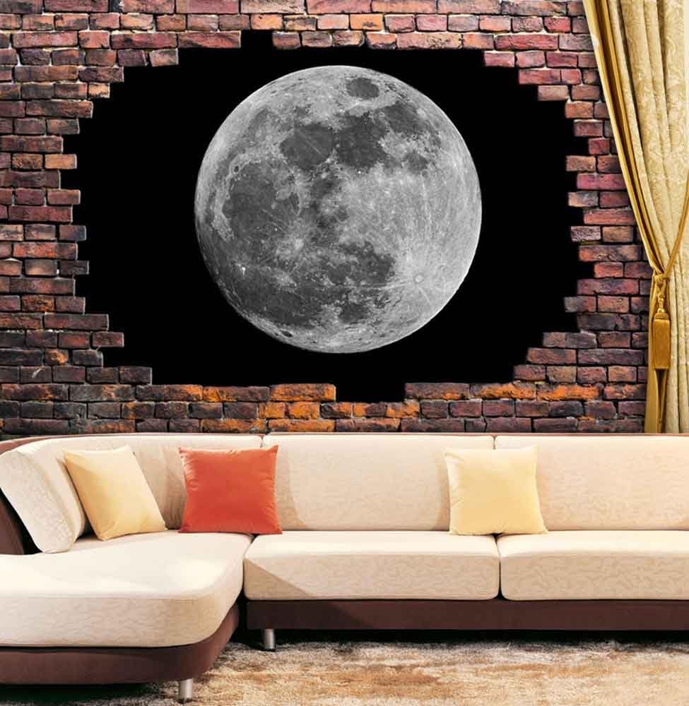 wall26 - Large Wall Mural - Super Moon Viewed Through a Broken Brick Wall | 3D Visual Effect Self-Adhesive Vinyl Wallpaper/Removable Modern Decorating Wall Art - 66" x 96"