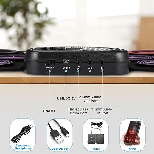 Miniatura 4 de Anpro Juego de batería eléctrica, 9 almohadillas de batería con conector para auriculares, kit de batería electrónica enrollable con pedales de