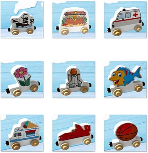 Miniatura 7 de Rompecabezas de trenes de madera para construir tu propio tren. 3 pulgadas cada uno, con ruedas rodantes e imanes autoadhesivos.