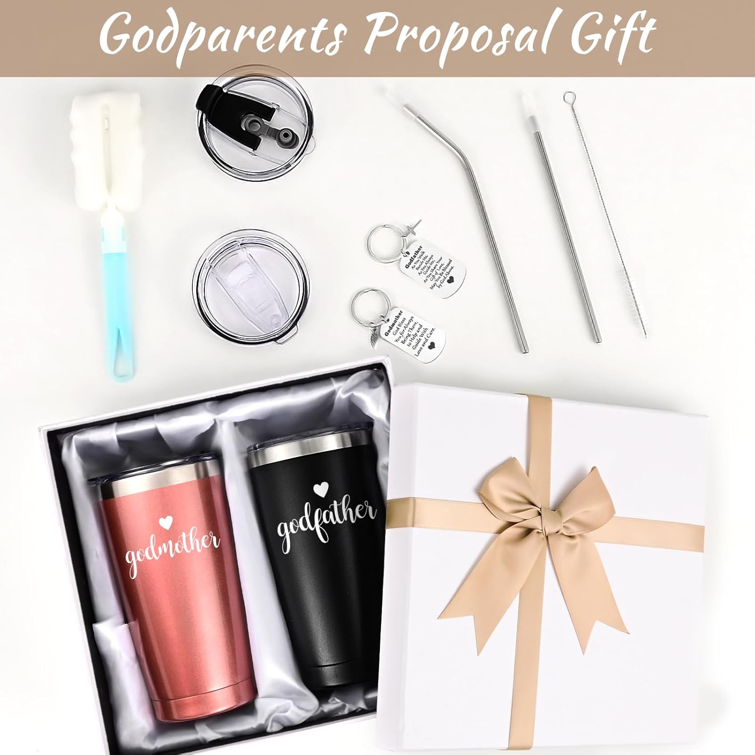 LiqCool Godparents Proposal Gift, Godmother & Godfather 20Oz Tumbler with Keychain & Gift Box Set, Baptism & Christmas(Black & Rose Gold) - Image 7