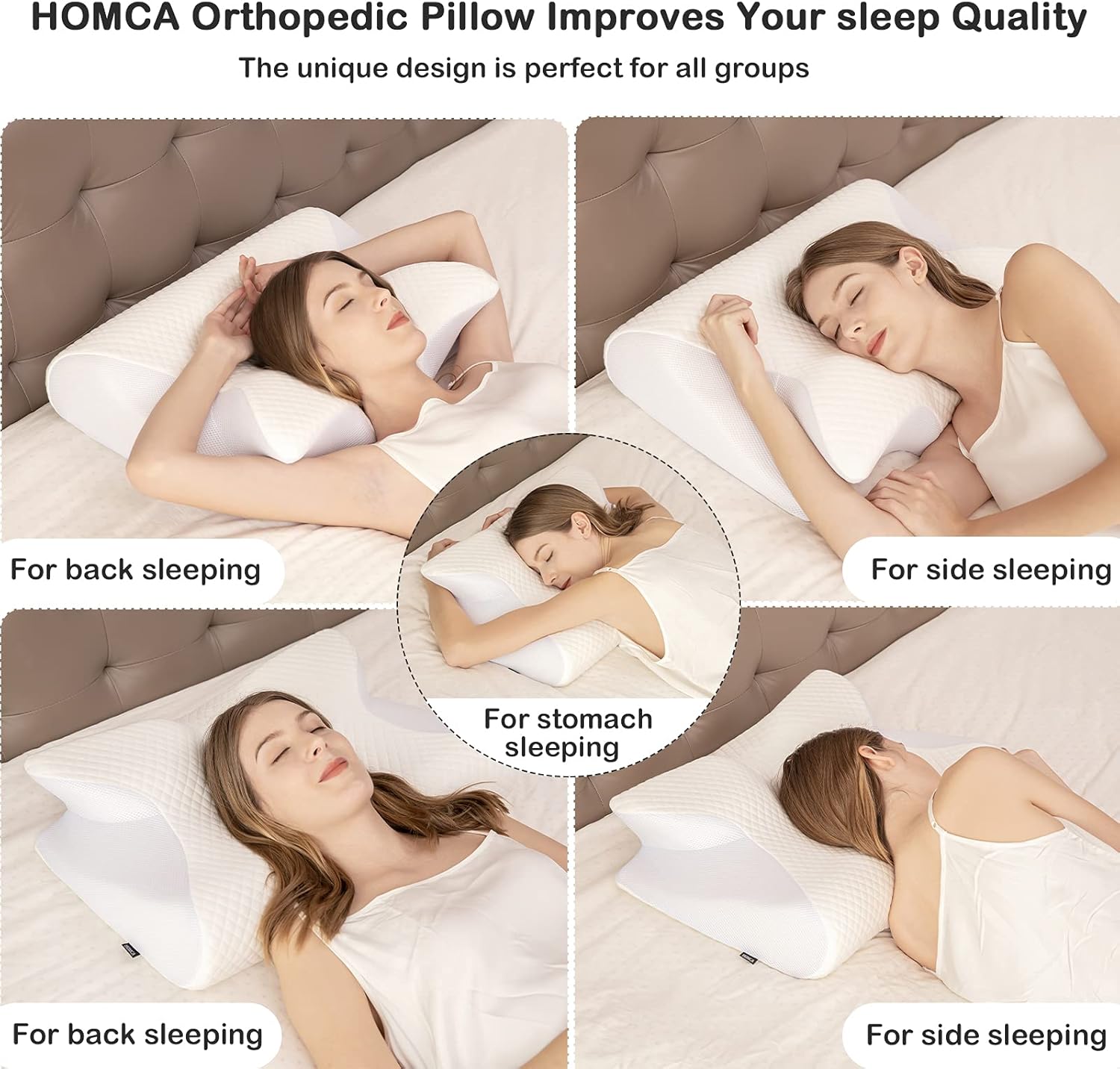 HOMCA Memory Foam Cervical Pillow, 2 in 1 Ergonomic Contour Orthopedic Pillow for Neck Pain, Neck Pillows for Side Back Stomach Sleepers (White) : Home & Kitchen