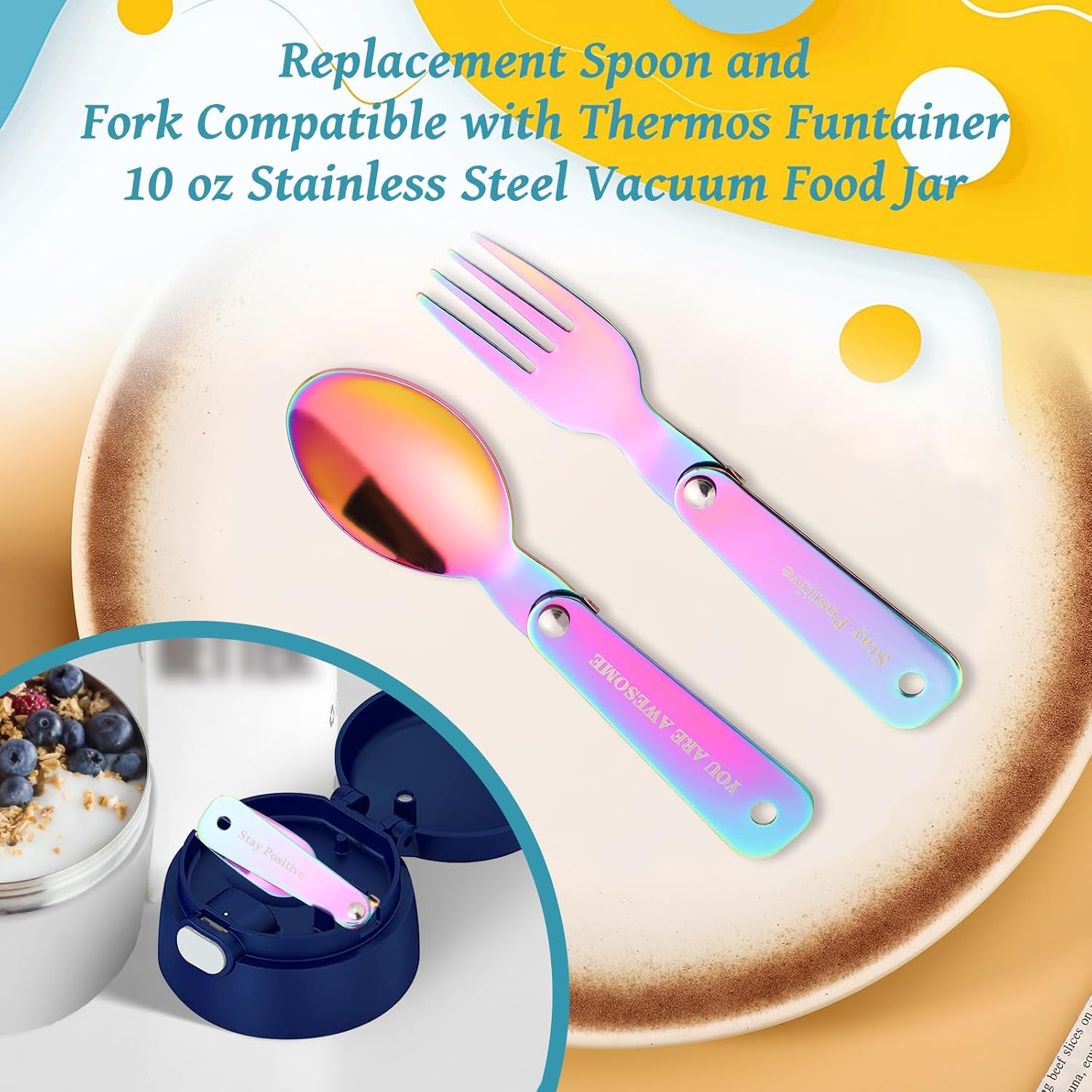 Replacement Spoon and Fork Compatible with Thermos Funtainer Food Jar 10oz, Dishwasher-Safe Stainless Steel Foldable Spoon and Fork with Positive Lettering and Hanging Hole(Iridescent)