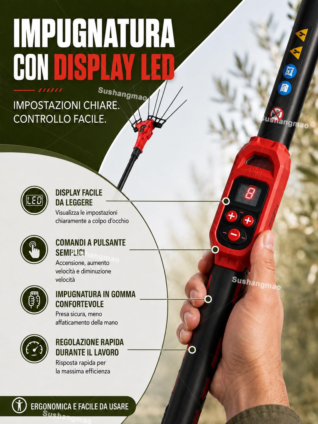 Macchina Raccolta Olive 250W/600W, Asta 2-3 m e Batteria Zaino 600w