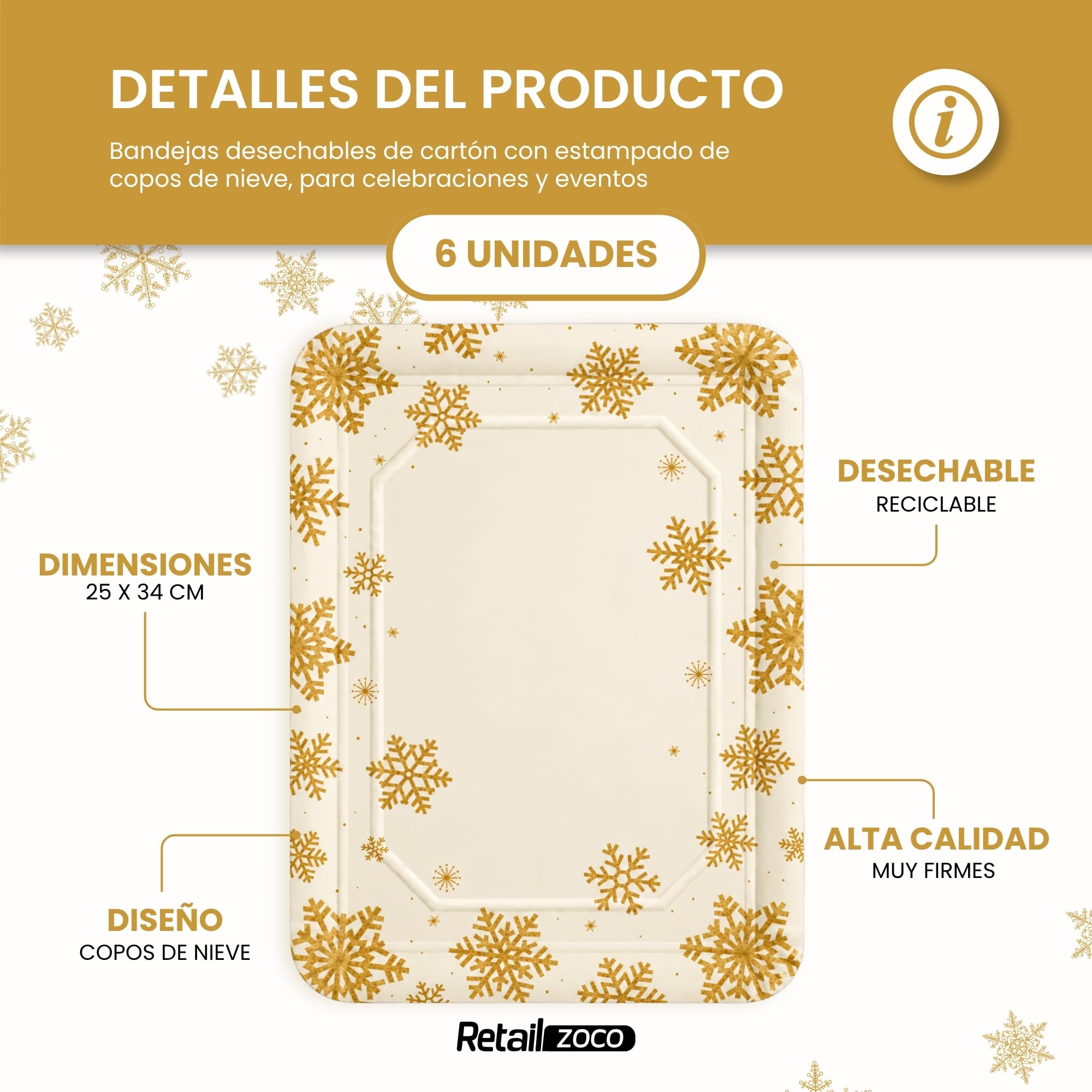 Bandejas de Cartón para Servir, Diseño Copos de nieve dorados, 6 Unidades - imagen 2