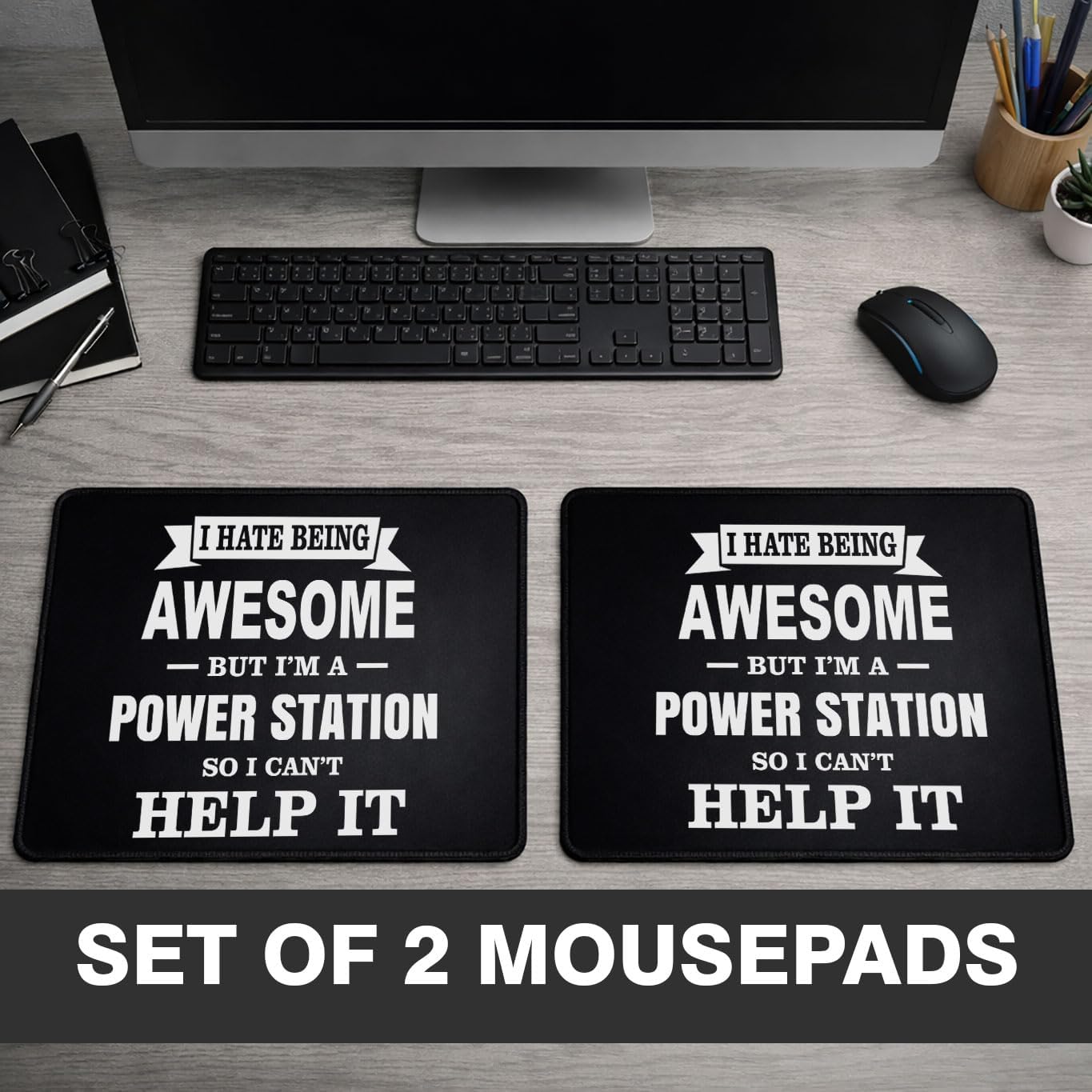 Funny Mouse Pad Set of 2, Rubber, Black, Non-Slip for Office, 9.5 x 7.9 Inch, I Hate Being Awesome Power Station Design, Rectangular, Standard image 5