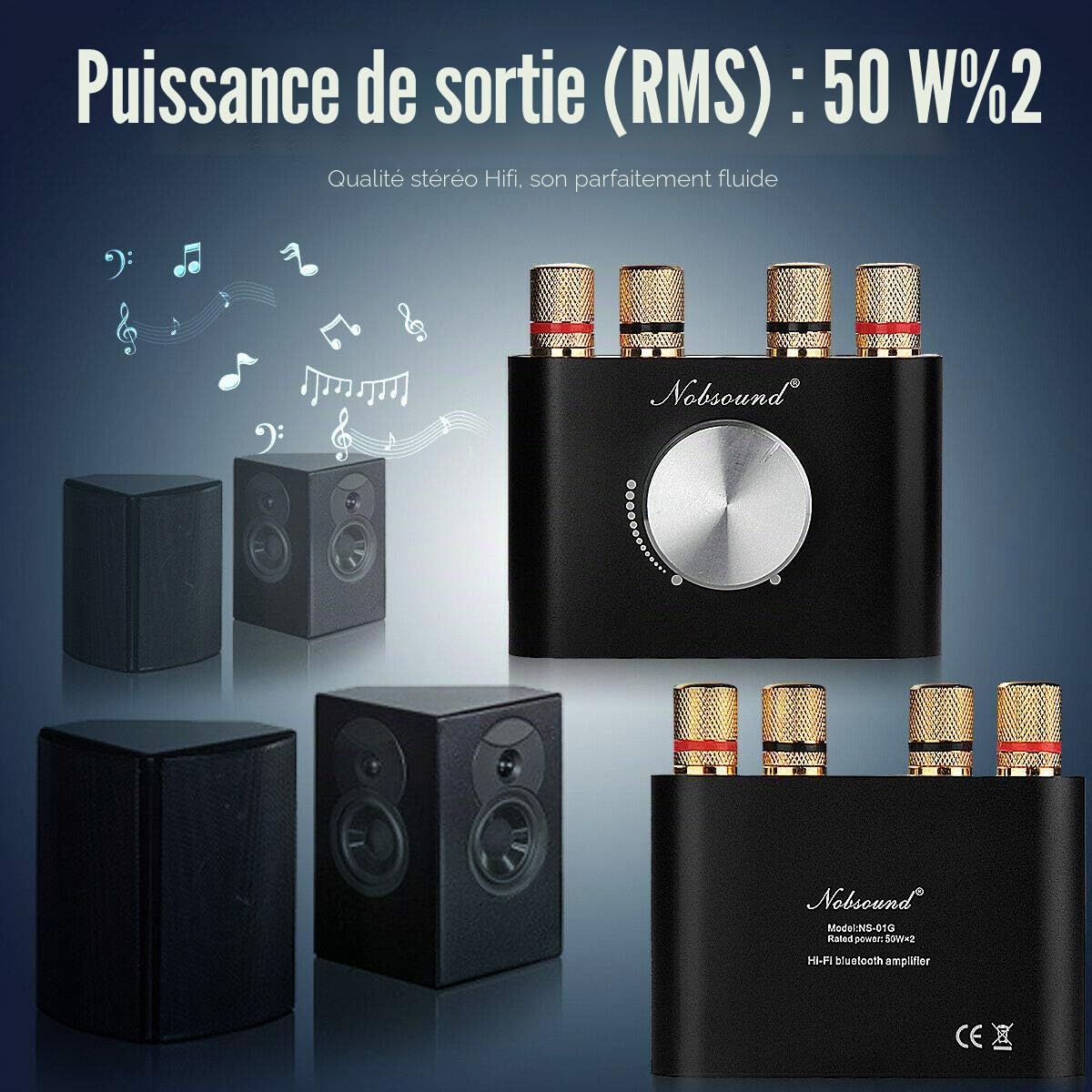 Nobsound Mini Amplificateur de puissance Bluetooth, Stereo Hi-Fi Digital Amp 2.0 Channel 50W × 2 avec entrée AUX/USB/Bluetooth, Récepteur audio sans fil; Carte son avec carte d'alimentation (noir)