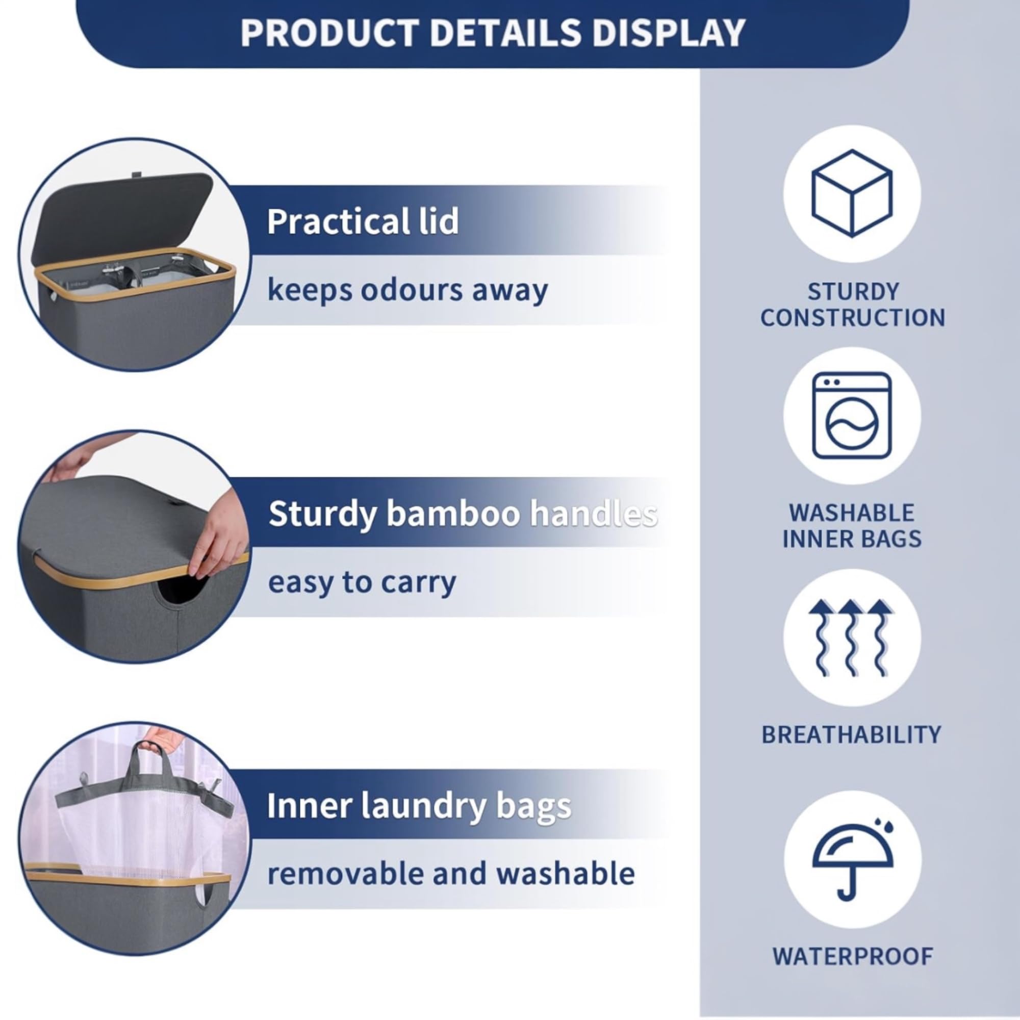 Cesto de Ropa Sucia de Bambú con Tapa y Asas - 1 o 2 Departamentos-Plegable,Bolsa Interior Lavable Máquina-Solución Elegante y Práctica para la Lavandería cubo 150L (Tela 2 Departamento Azul Marino)