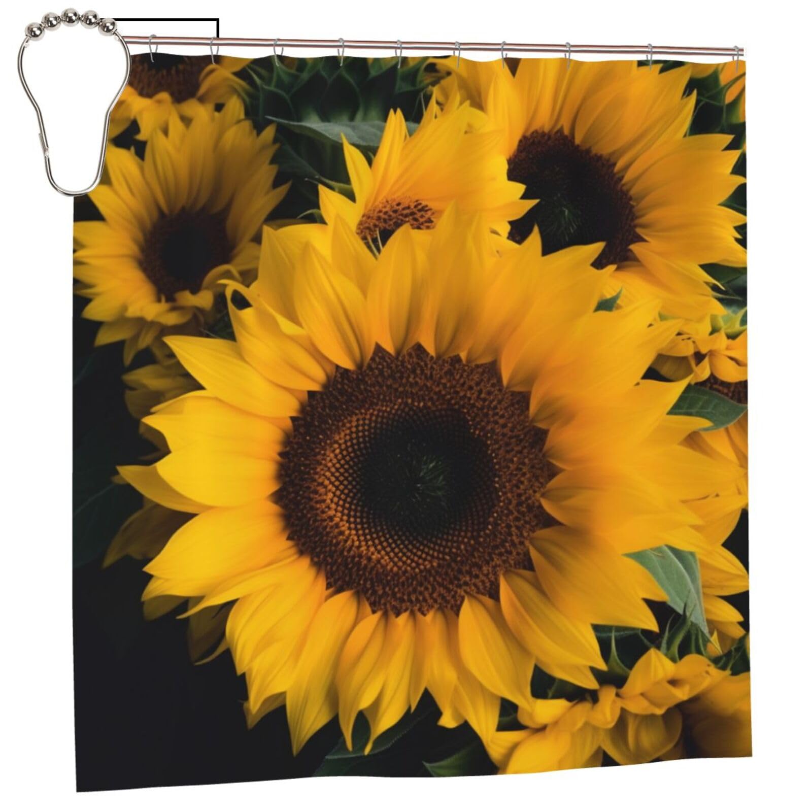 BWWHCCTI Yellow Sunflower Printed Shower Curtain With 12 Iron Hooks Opaque Quick Drying Waterproof Shower Curtains Sets For Bathroom 183x183 CM