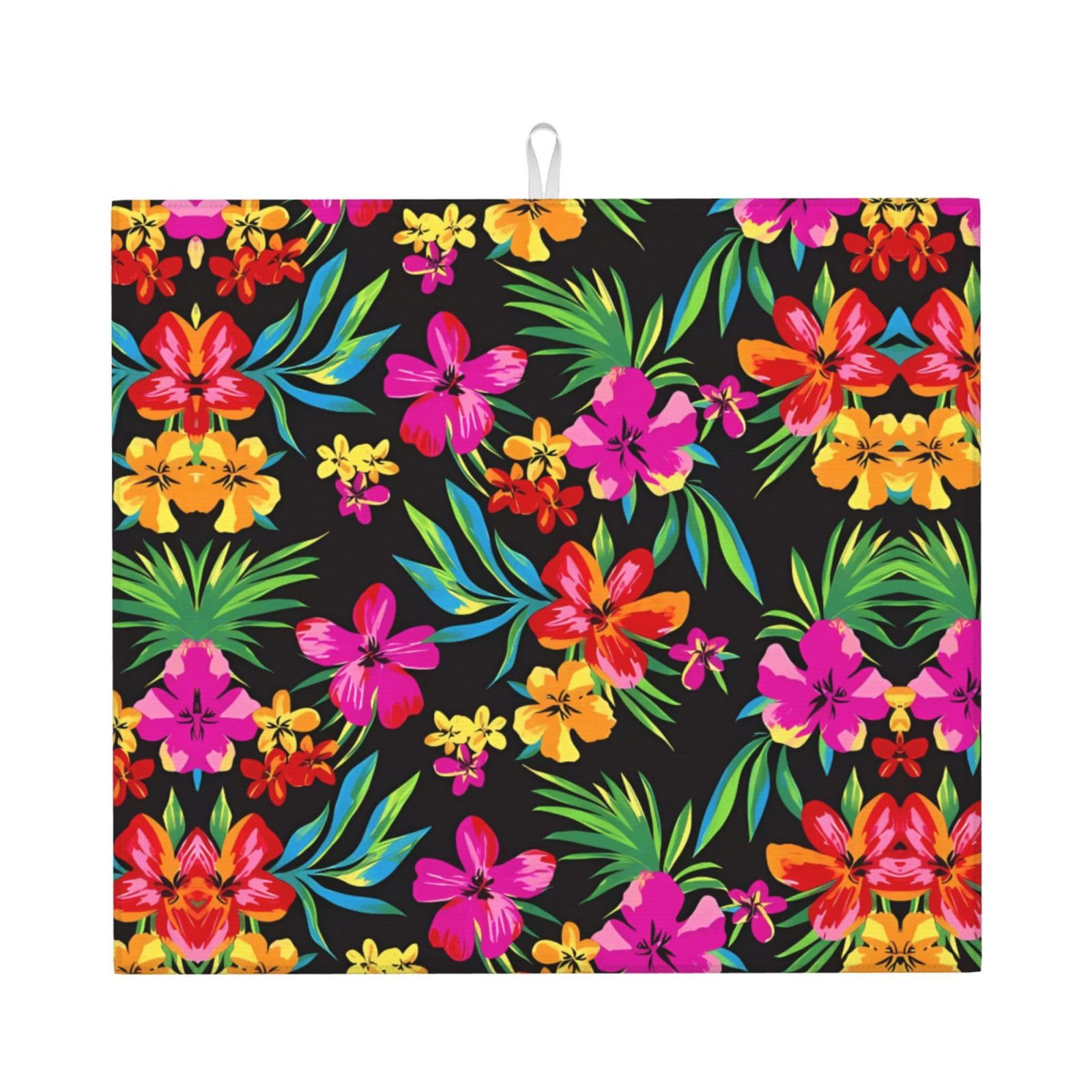 Yyhwhjde Black Hawaiian Flower Prints Kitchen Drying Mat – Absorbent Dish Throw For Countertop, Non-Slip Layer With Vibrant Prints, Ideal For Housewarming