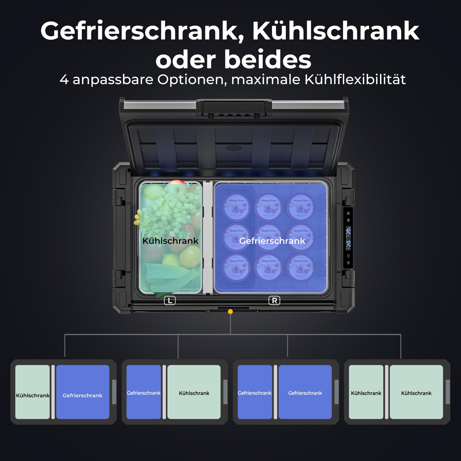 BougeRV Rocky V3.0 65L Auto Kühlbox mit Gefrierfach, Dual Zonen Kompressor Kühlbox 12V/24V 230V mit APP-Steuerung Metallgehäuse IPX4 Auto Kühlschrank für Camping Reisen Boot Angeln, -20℃~20℃
