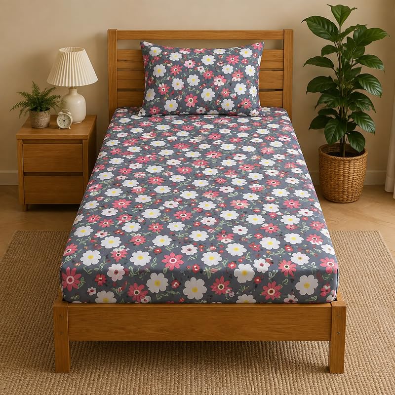 Image of la' amour 180tc Microfiber Fitted Single Bedsheet with 1 Pillow Cover | Elastic Bed Sheet | Soft Breathable Skin-Friendly Fabric | All Season Comfort | 36 x 72 + 6 Inches Charcoal Grey Floral