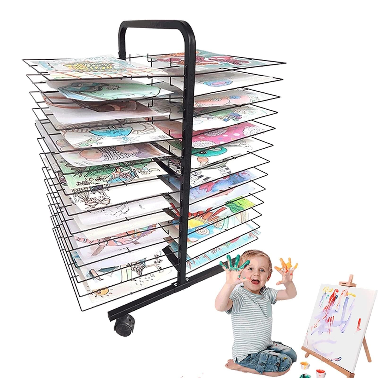 PPXCZZ Mobile Metal Art Drying Rack with 26 Shelves, Powder-Coated Durable Frame, Lockable Wheels for Classroom & Studio(26 Floors)