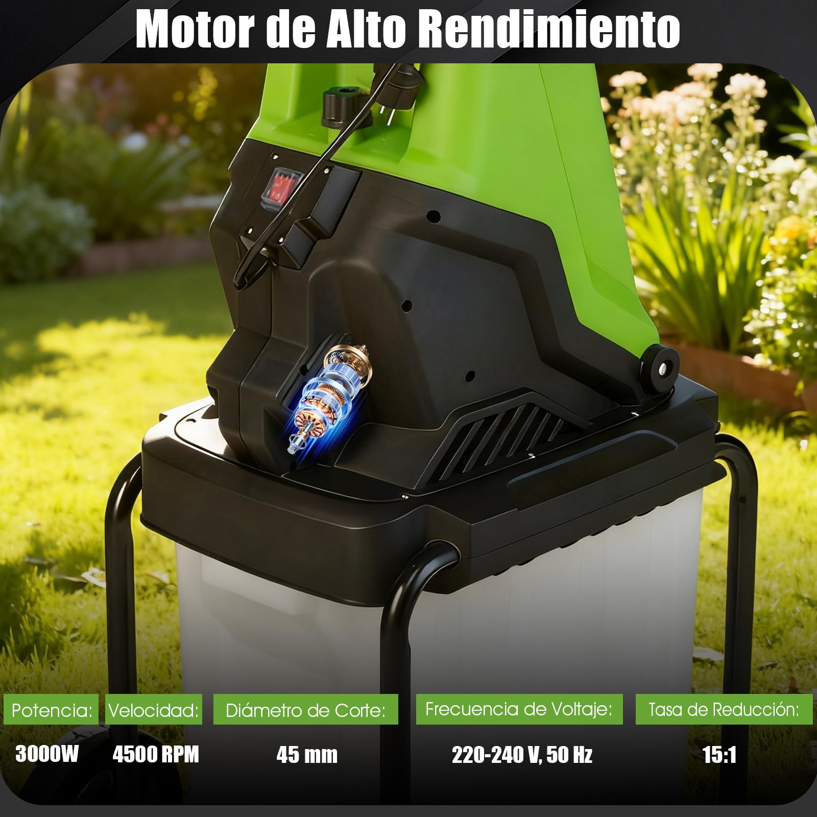 COSTWAY Trituradora de Ramas 3000W, Caja 50L, Hasta 45mm, Biotrituradora con Ruedas, Biotrituradora Electrica Jardin Terraza(verde)