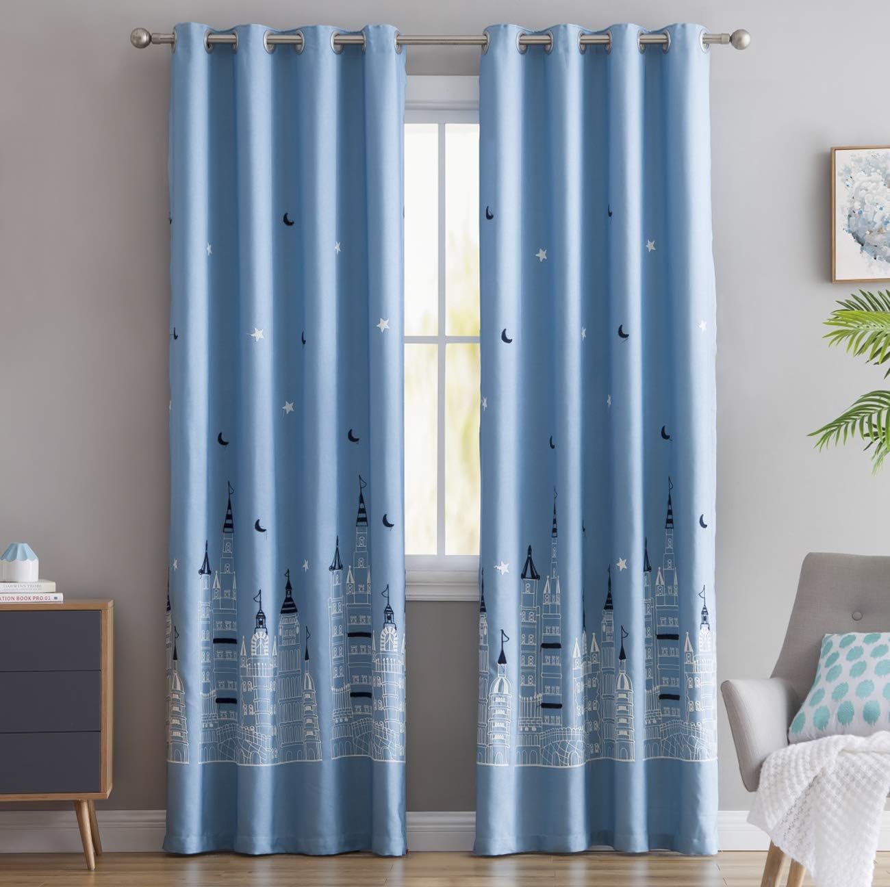 Vandesun Blue Castle Thermal Insulated Semi-Blackout Grommet Top Curtains for Boys Room 1 Panel (Light Blue, 52×63)