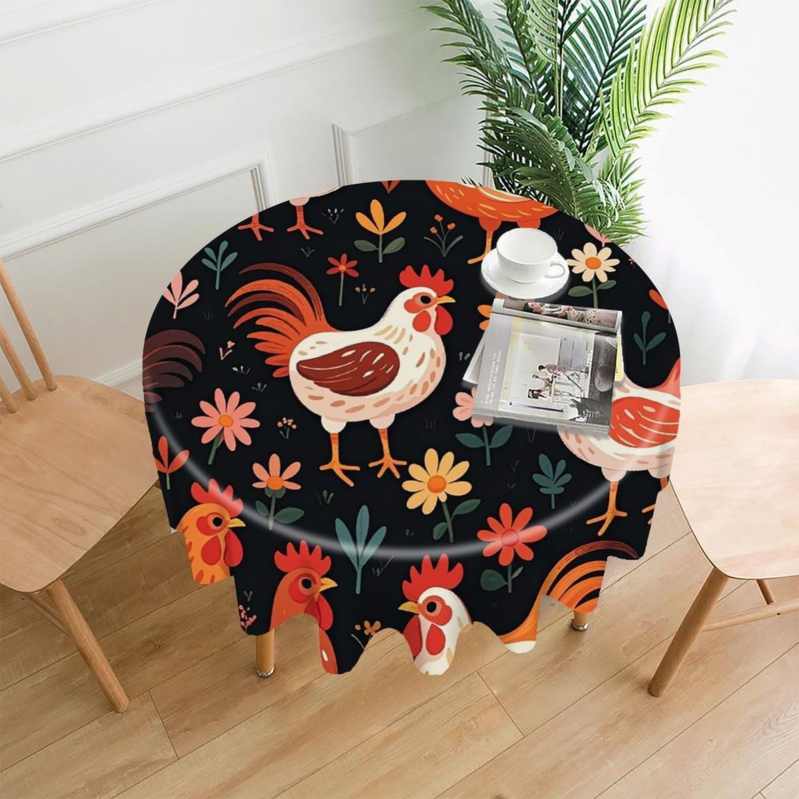 FekiLoot Cute Rooster Chickens Tablecloth Decorative Round Table Cloth Wrinkle Resistant Washable Circle Table Cover Round Tablecloth for Picnic Party Camping Dining 60 Inch