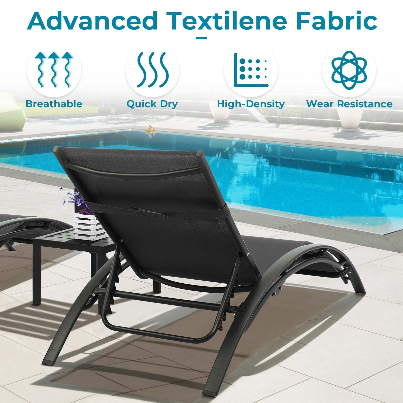 LIFERUN XXL Aluminium Sonnenliege 2er Set, stapelbare liegestuhl Garten mit Beistelltisch und Kopfkissen, Wetterfest, 5-Fach Verstellbare Rückenlehne, Geeignet für Gärten, Schwimmbäder, Strand, 2 PCS
