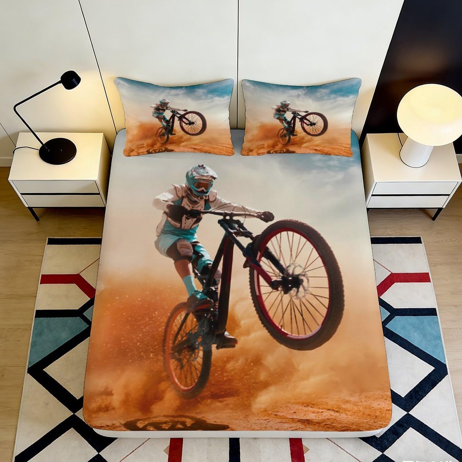 3D Printed Cycling Pattern Fitted Sheet Microfiber Deep Pocket Elastic Hem Bedroom Bedding Set Cycling Mattress Fitted Cover Washable for Adults Teens 90x200x25cm