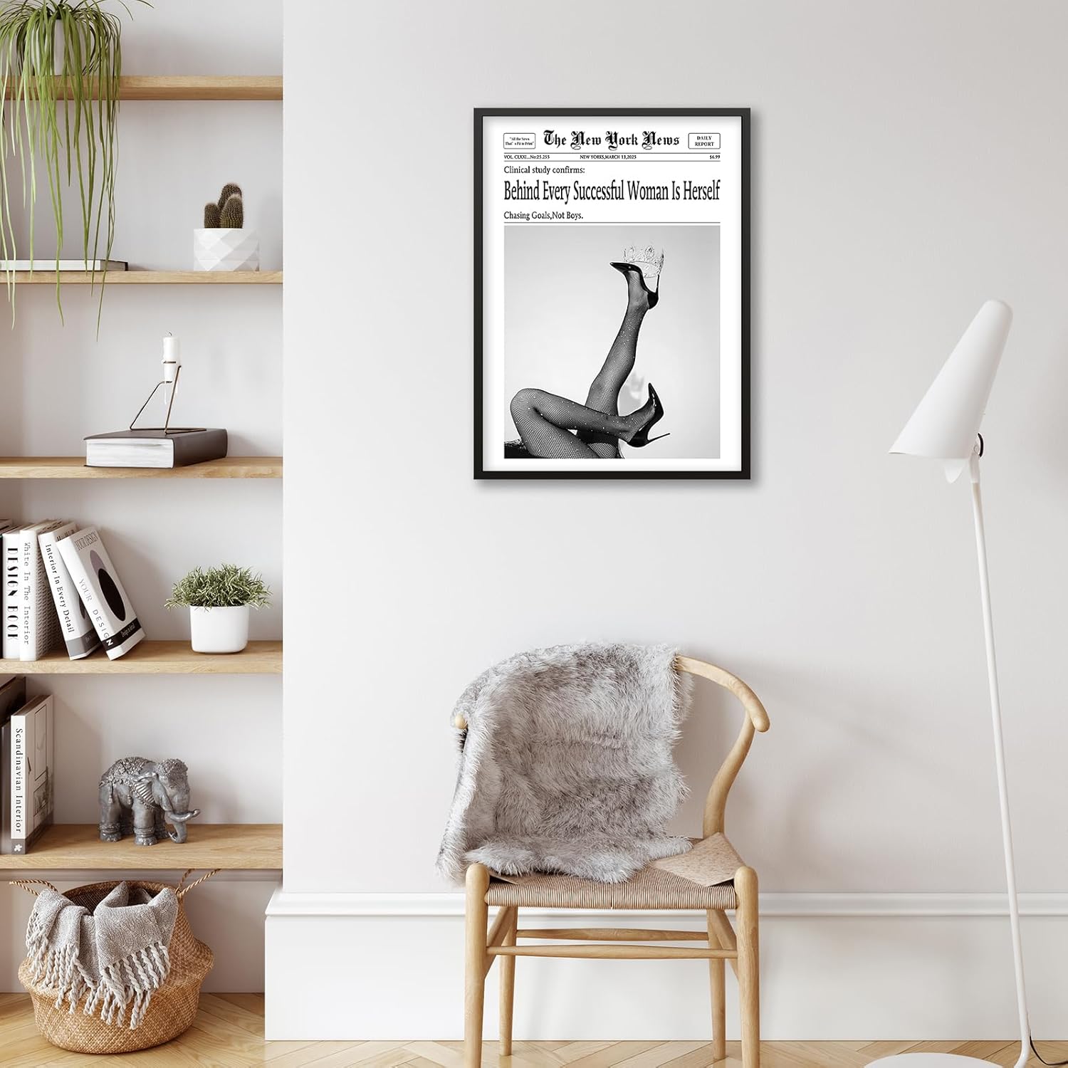 Black and White New York Newspaper Poster Behind Every Successful Woman is Herself Wall Art 24X36 inch Black Framed Feminist Inspirational Quotes Canvas Prints for Bar Wall Decor