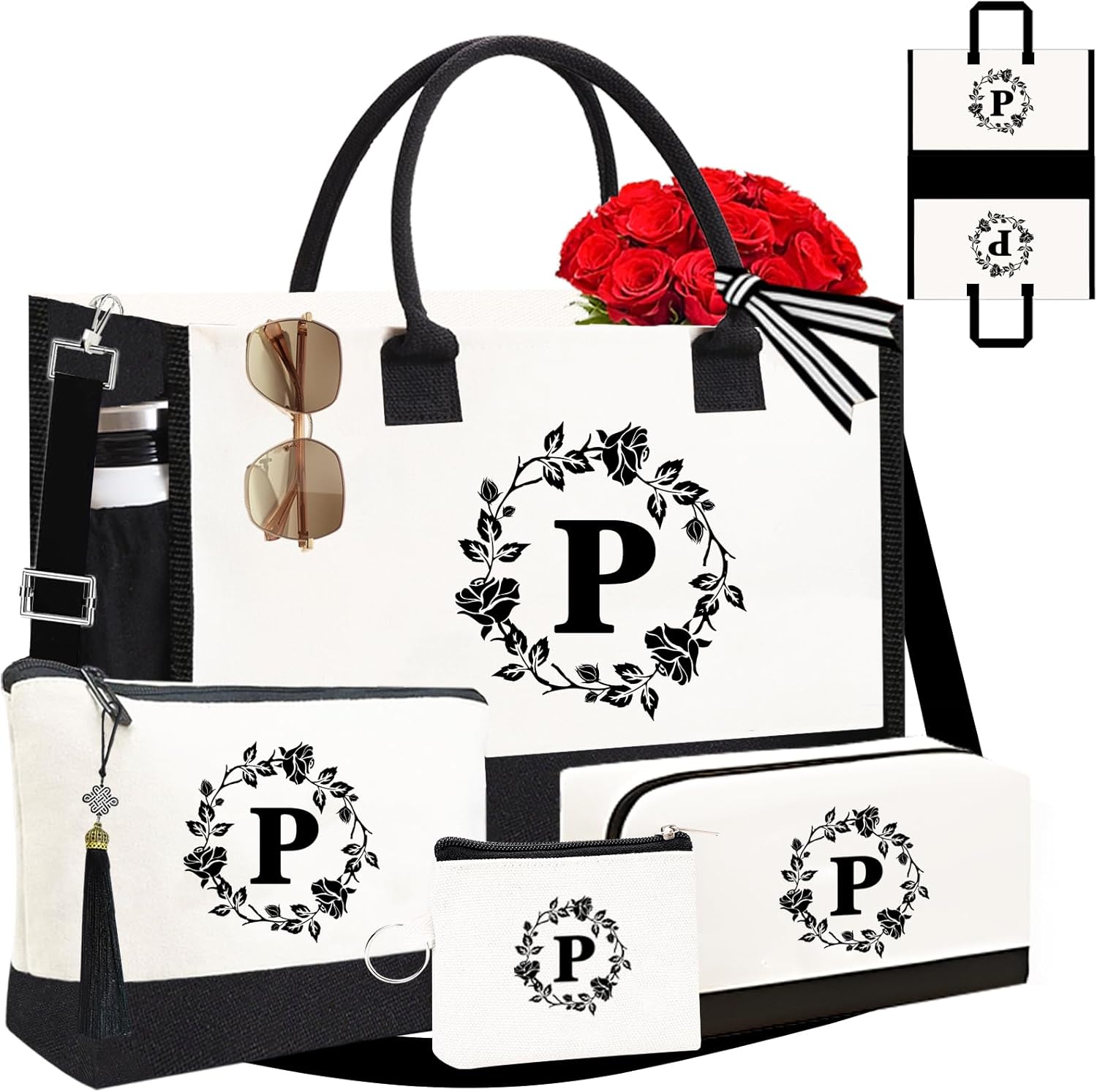 Personalized Tote Bags for Women, 4pcs Monogram Tote Bags, Double-sided Embroidery Initial Tote Bag Birthday Gifts