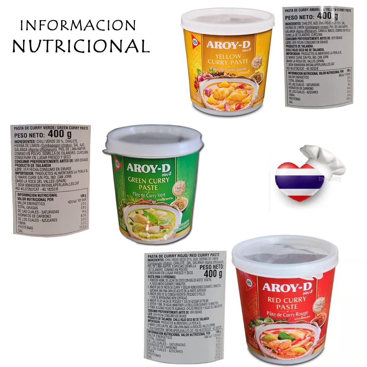 Set de Degustación de Pastas Thailandesas de Curry Rojo, Verde y Amarillo Aroy-D 400gr. C/u -Pastas de Curry - Sabor Thailandes