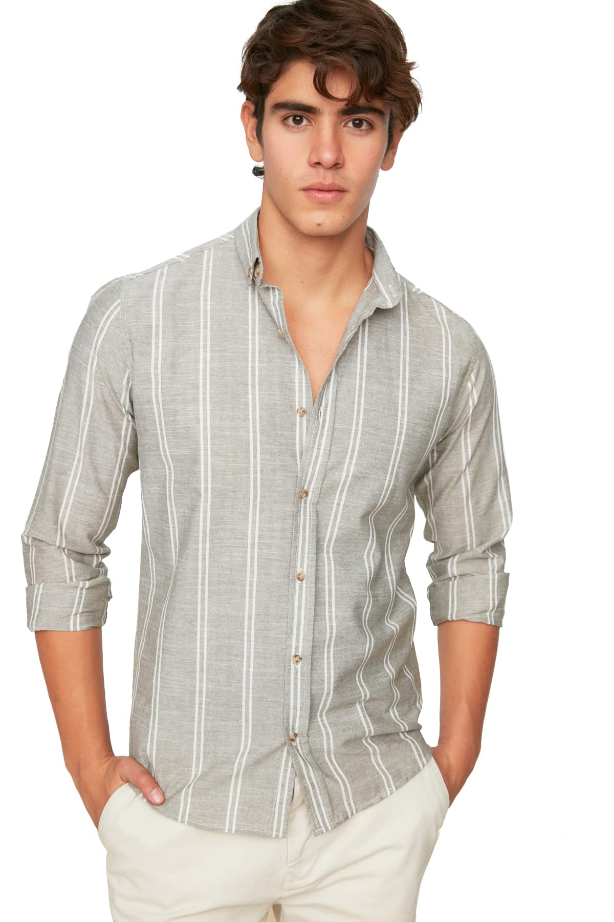 Trendyol Man Slim fit Basic Button Placket Woven Shirts Khaki