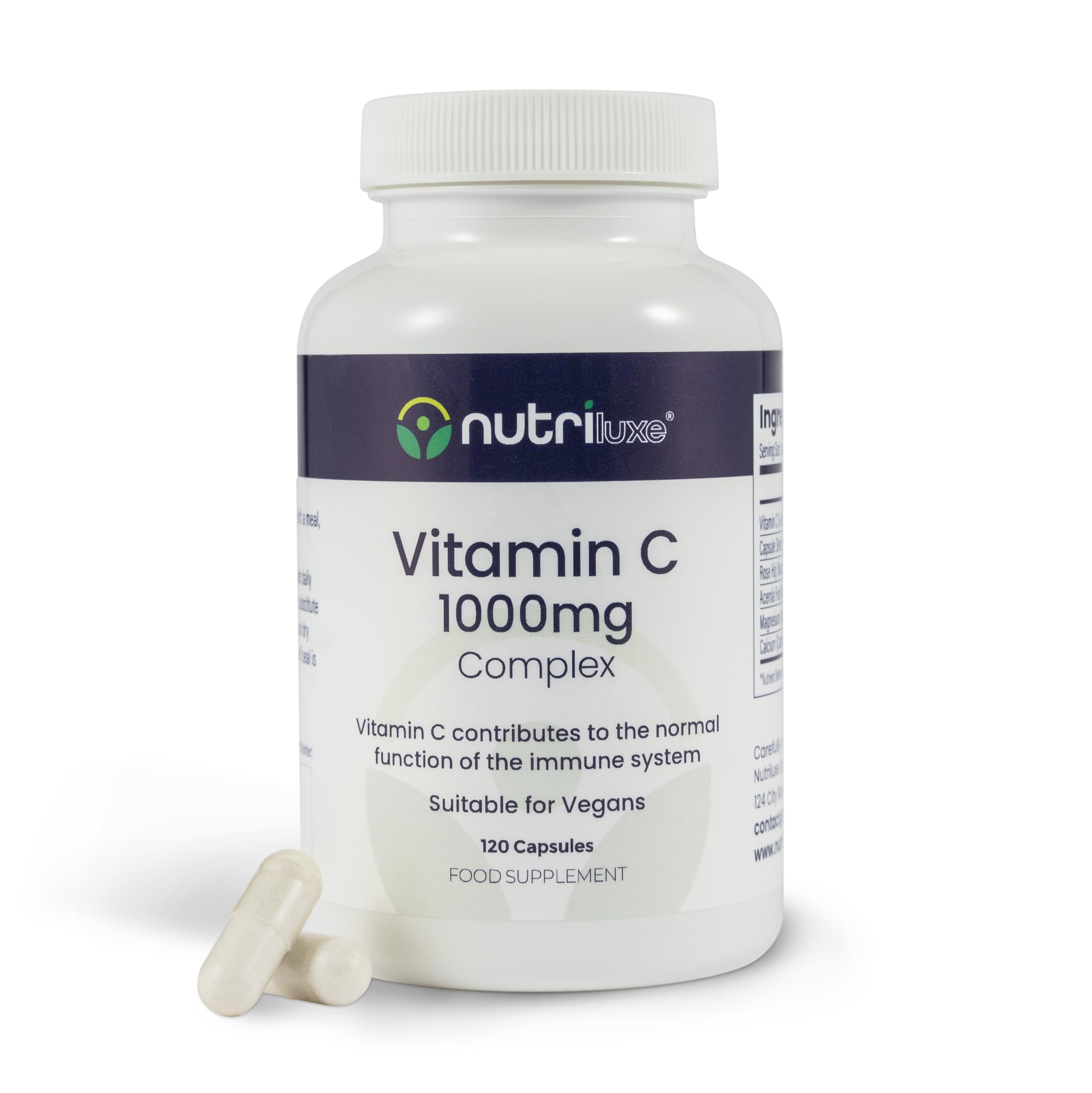Vitamin C 1000mg High Strength – Immune Support with Calcium & Magnesium, Acerola & Rose Hip – 120 Vegan Capsules - Antioxidant & Collagen Booster, UK Made by Nutriluxe