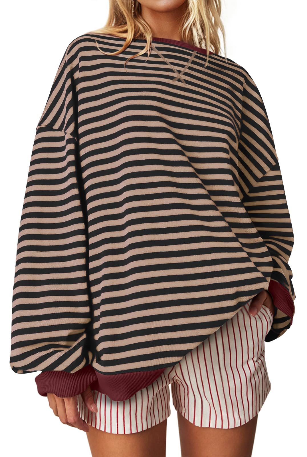 UEU Women Oversized Striped Crewneck Sweatshirt Long Sleeve Color Block Pullover Tops Casual Loose Workout Shirt