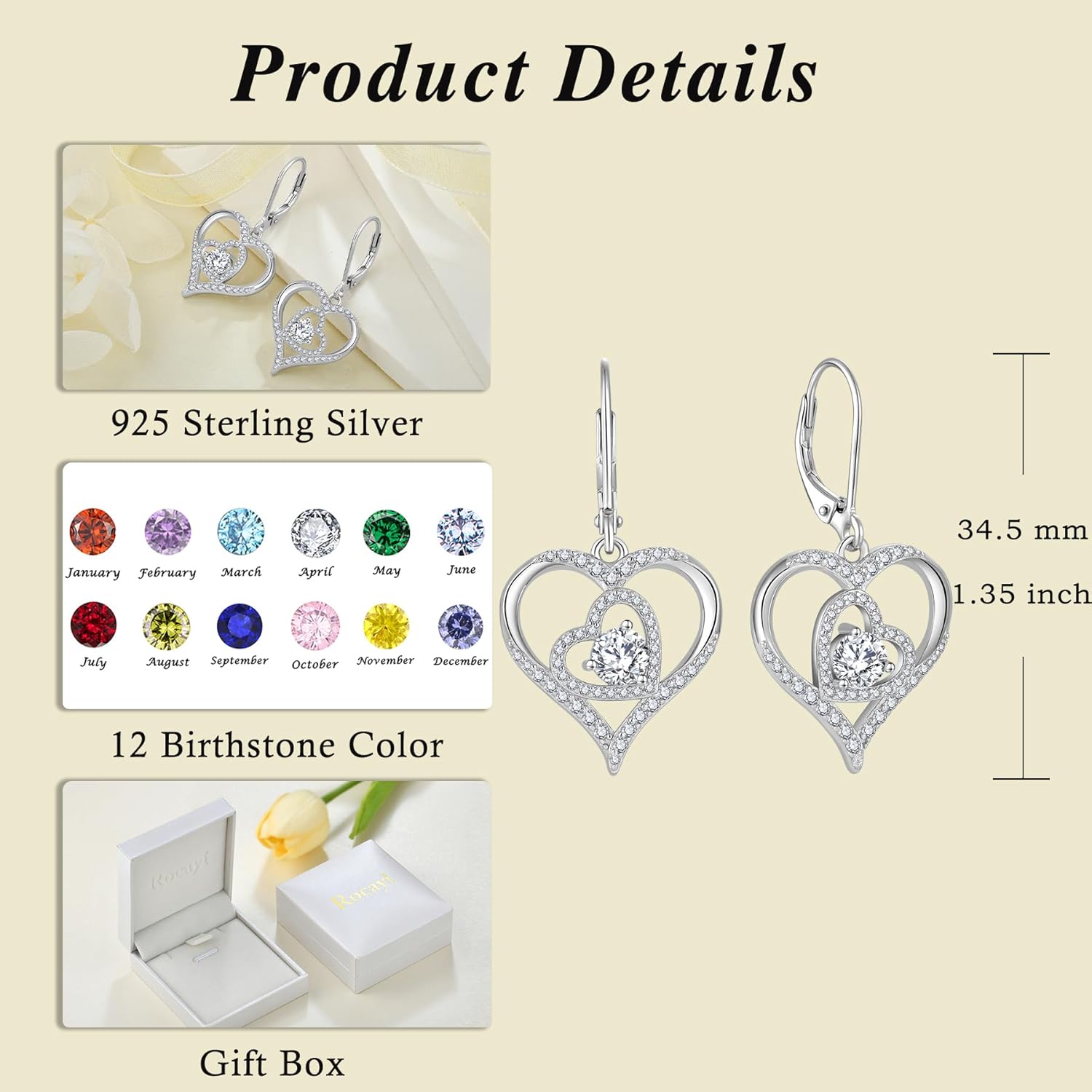 Heart Dangle Drop Earrings for Women 925 Sterling Silver Leverback Earrings Birthstone Jewelry Gifts for Women Wife Mother Her - Image 6