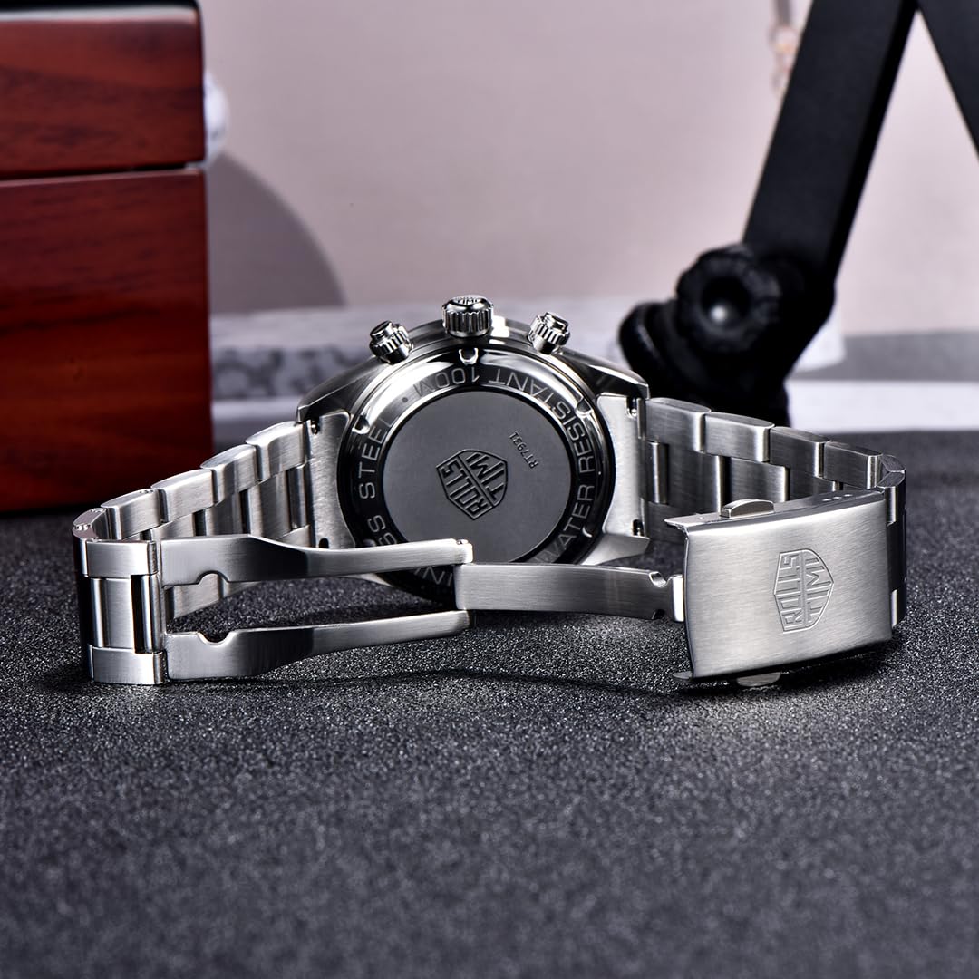 RollsTimi Pagani Design 7931 - Orologio al quarzo da uomo VK63, quadrante panda cronografo, orologio da polso in acciaio inox, 100 m, impermeabile, alla moda, con vite inferiore, corona