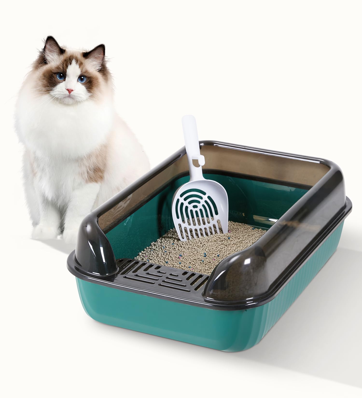 Fellie High-Sided Cat & Rabbit Litter Box with Scoop - Anti-Spillage, Easy-Clean Open-Top Tray, 51x34.5x17cm, Green