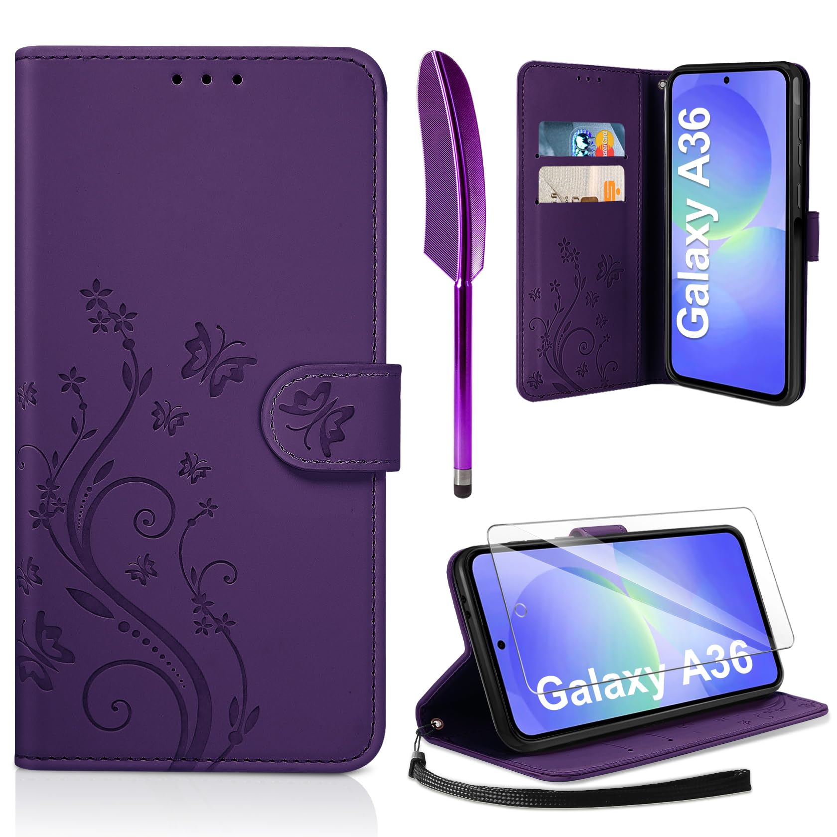 AROYI Lederhülle Kompatibel mit Samsung Galaxy A37 5G Hülle und Schutzfolie, Flip Wallet Handyhülle PU Leder Case Kartensteckplätzen Schutzhülle Kompatibel mit Samsung Galaxy A37 5G Dunkel Blau