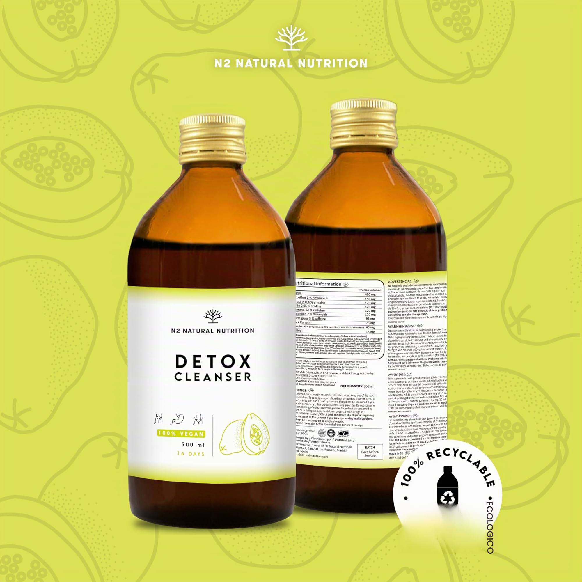 N2 Natural Nutrition. DETOX, Formula liquida Tè Verde, Tarassaco, Guaranà, Papaya, 500 ml. Con Tè di Giava, Mate, Ribes Nero, Rabarbaro. VEGANO. CE.
