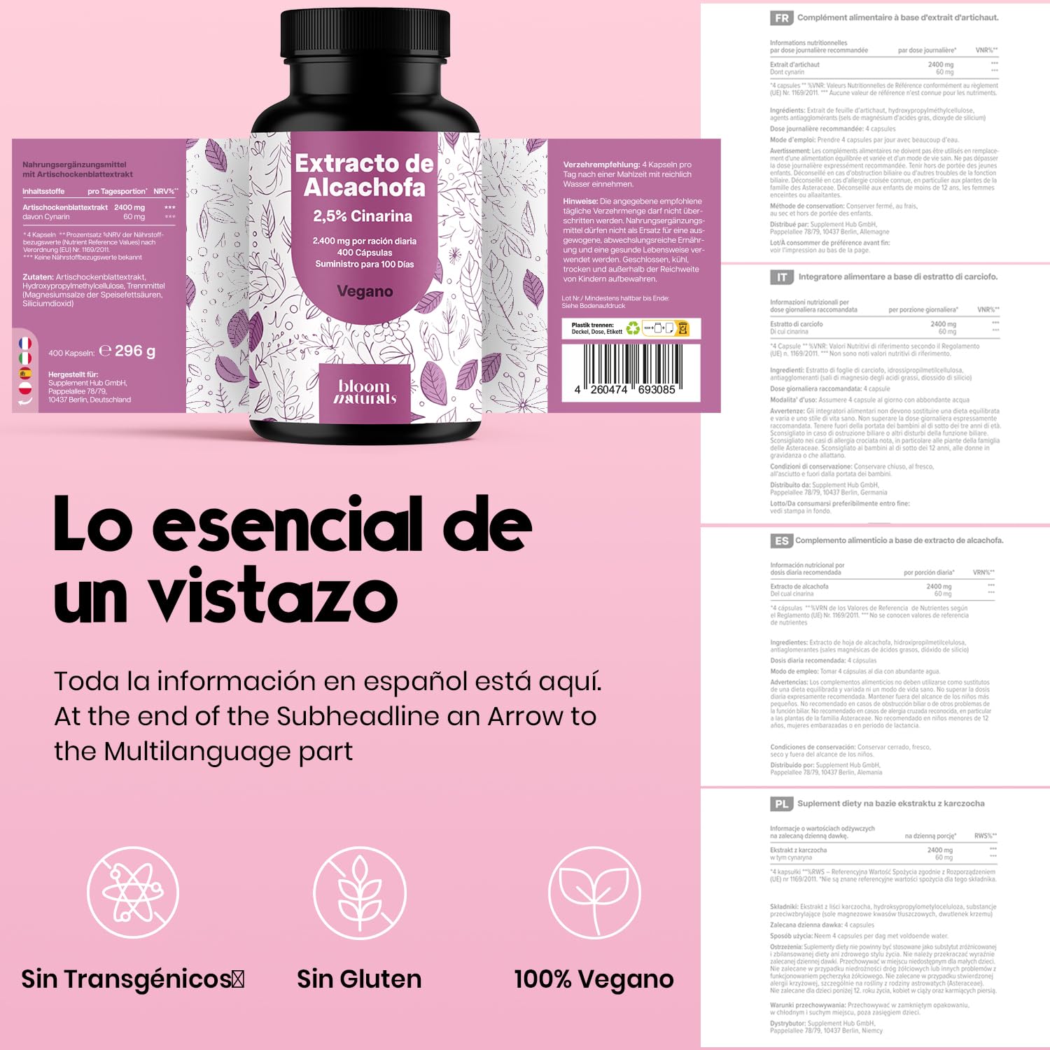 Extracto de Alcachofa – 400 Cápsulas – 2.400 mg por Ración Diaria – 2,5% Cinarina – Vegano – Producido en Alemania – Analizado en Laboratorio – Alcachofa capsulas