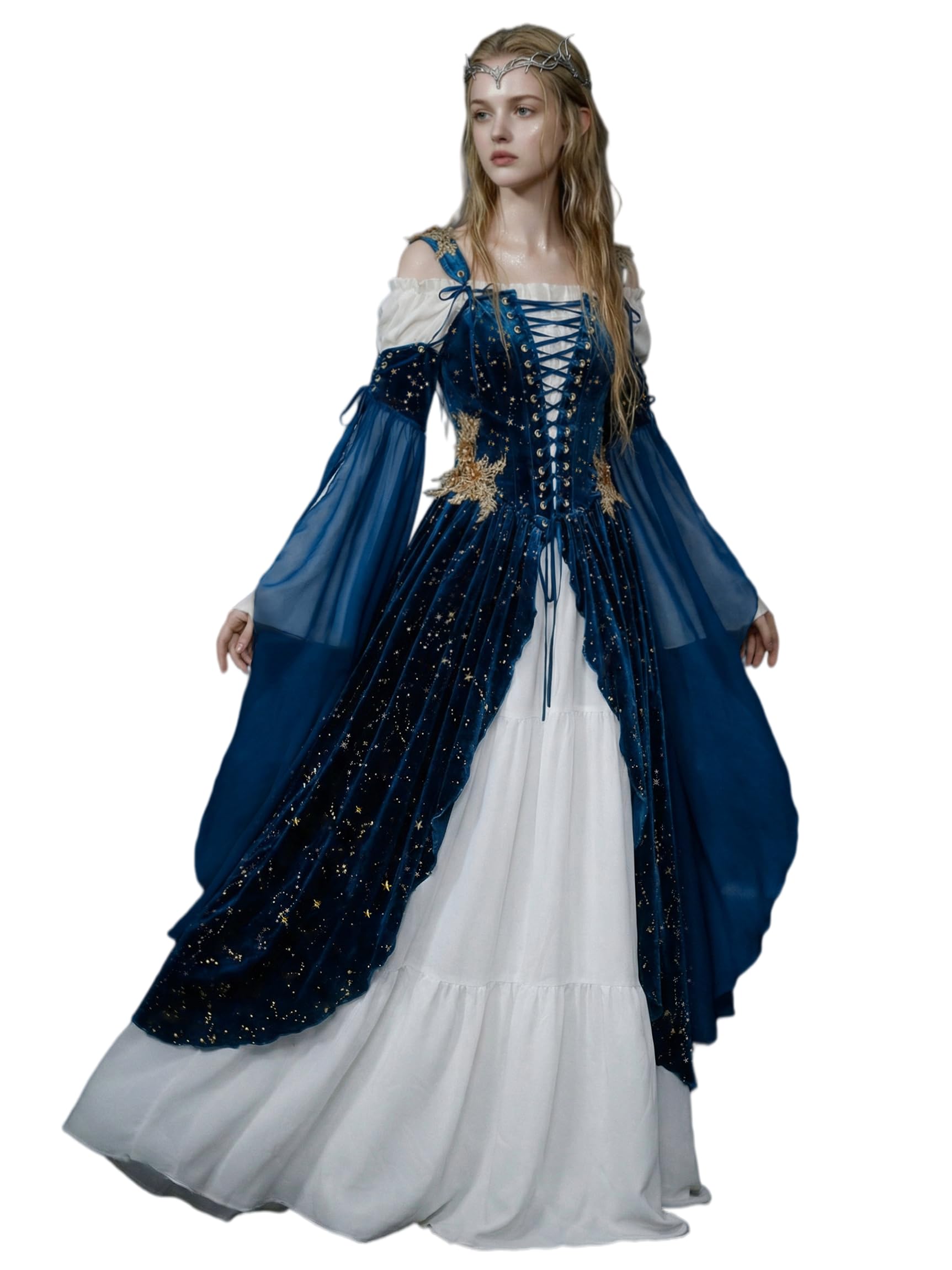 daizbella Women Medieval Renaissance Dress Outfit Elf Costume Starry Velvet Dress with Detachable Sleeves