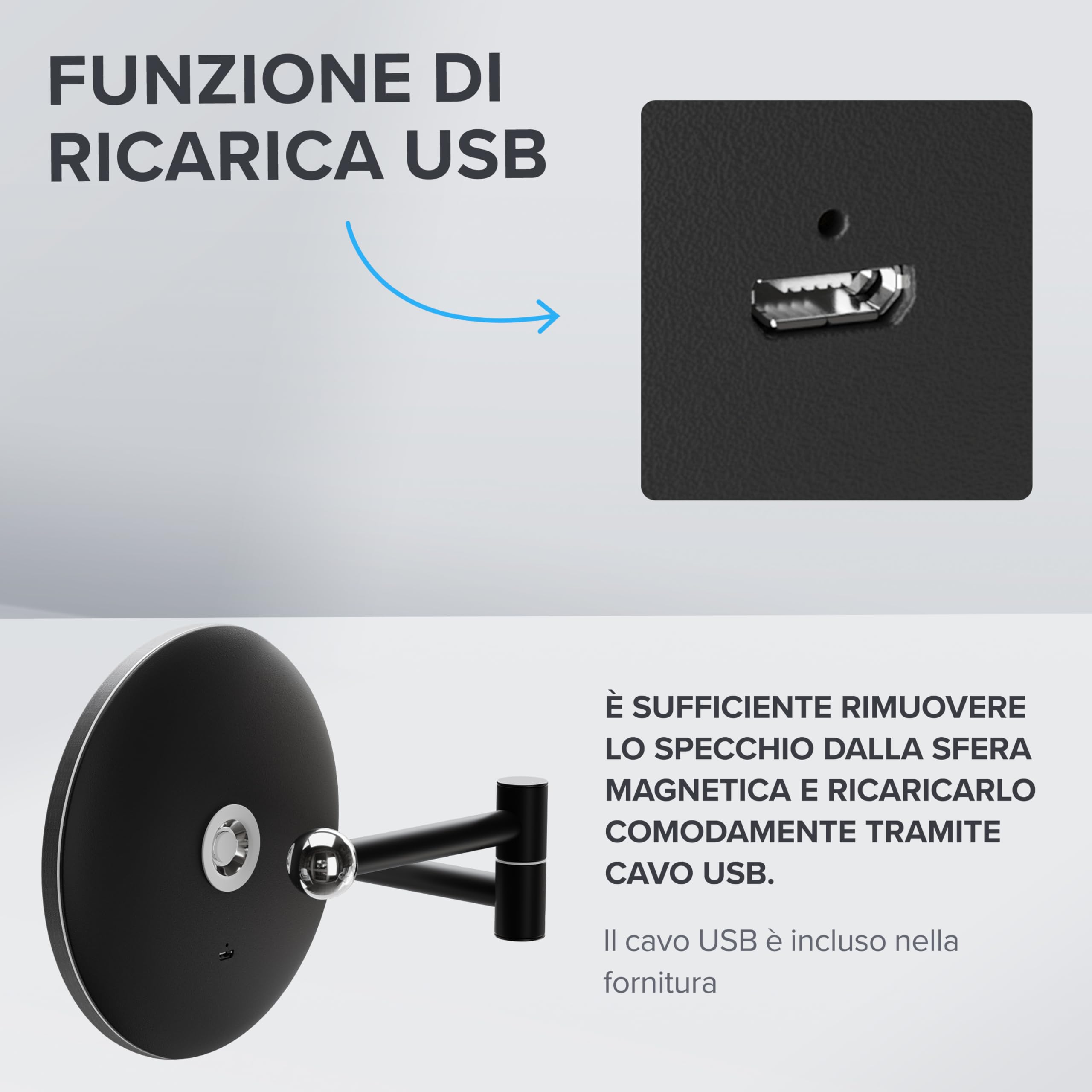 ovimar specchio cosmetico Leinoya | con illuminazione | ricaricabile | da parete per forare | in bagno | specchio ingranditore 5x | specchio per il trucco con luce | specchio a 360 gradi
