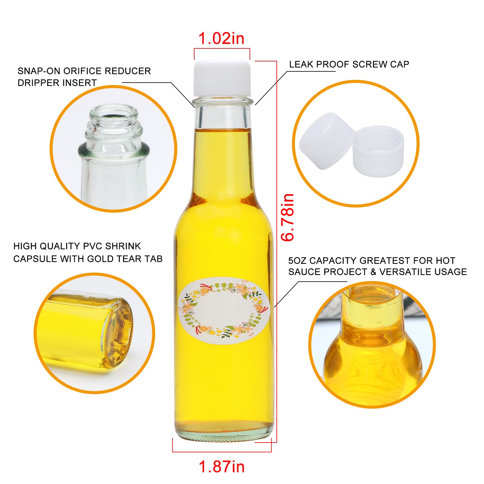 Datttcc 5ozHot Sauce Bottles, Small Glass Bottles with Lids, Mini Empty Glass,Refillable Sauce containers for Kitchen and Party,Pack of 35