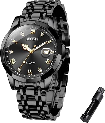 Mens Luxury Stainless Steel Business Dress Analog Quartz Watch with Roman Numerals & Diamond Dial Waterproof Date Magnifier, 2319-black, Bracelet Type