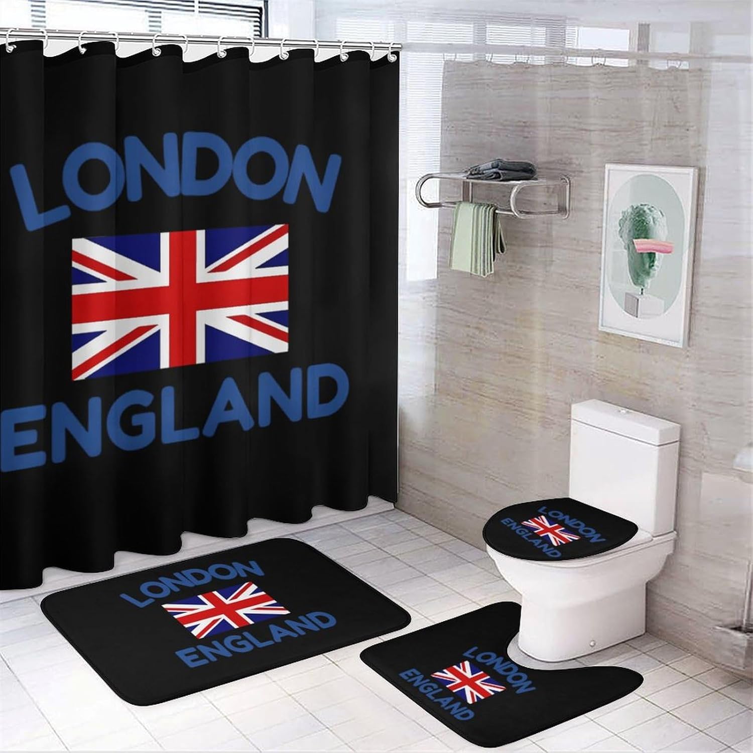 London England Bathroom Sets with Shower Curtain and Rugs 4 Piece with U-Shaped Floor Mat Toilet Lid Cover