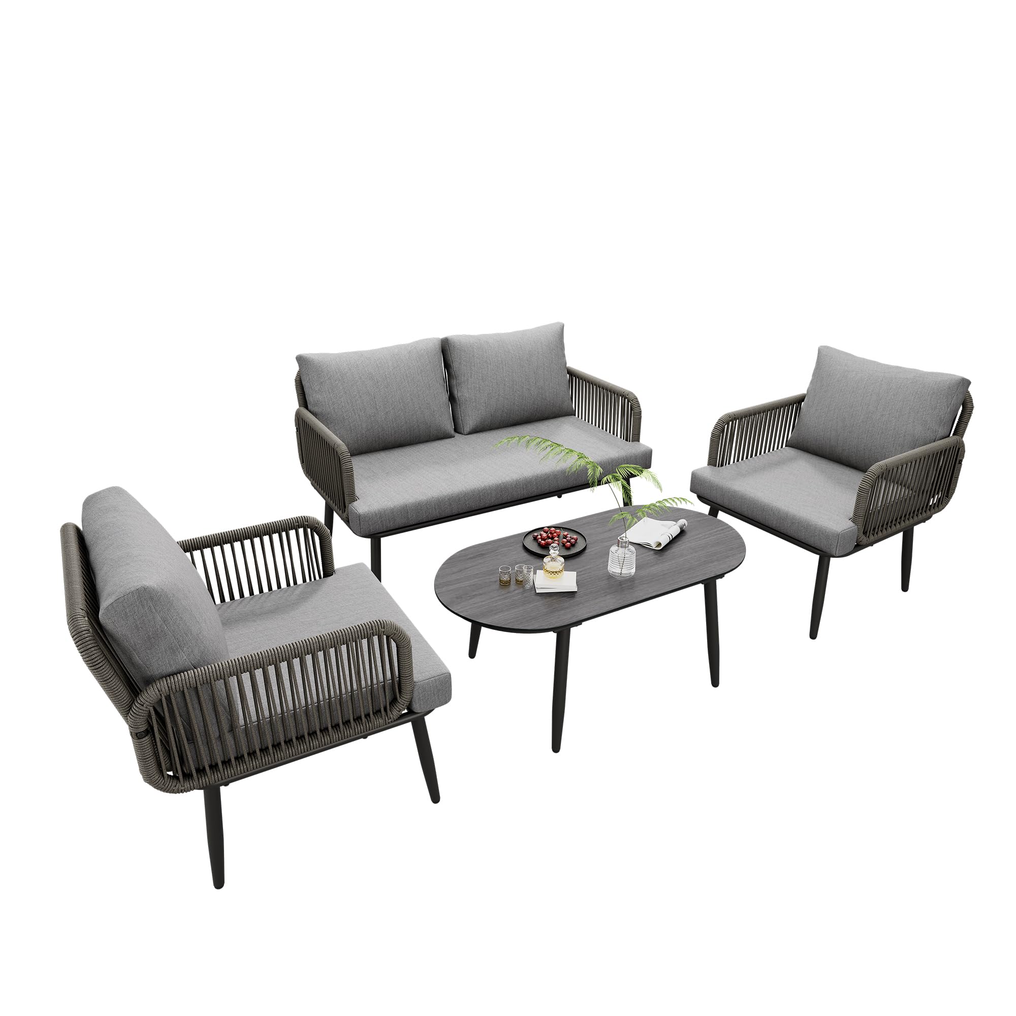 Set di sedie da giardino con comodo cuscino, divano a 2 posti, 2 poltrone e tavolino da caffè, corda intrecciata a mano, piano in vetro in stile venature del legno, acciaio zincato, grigio