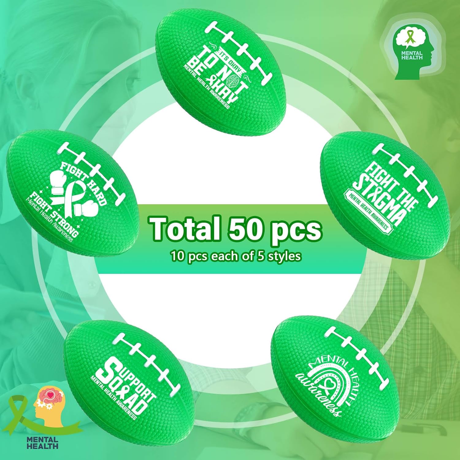 Wettarn 50 Pcs Big 3.54 Inch Mental Health Awareness Footballs Stress Balls Mental Health Foam Stress Balls Small Mental Health Stress Balls 5 Style Sport Balls Mental Health Supplies