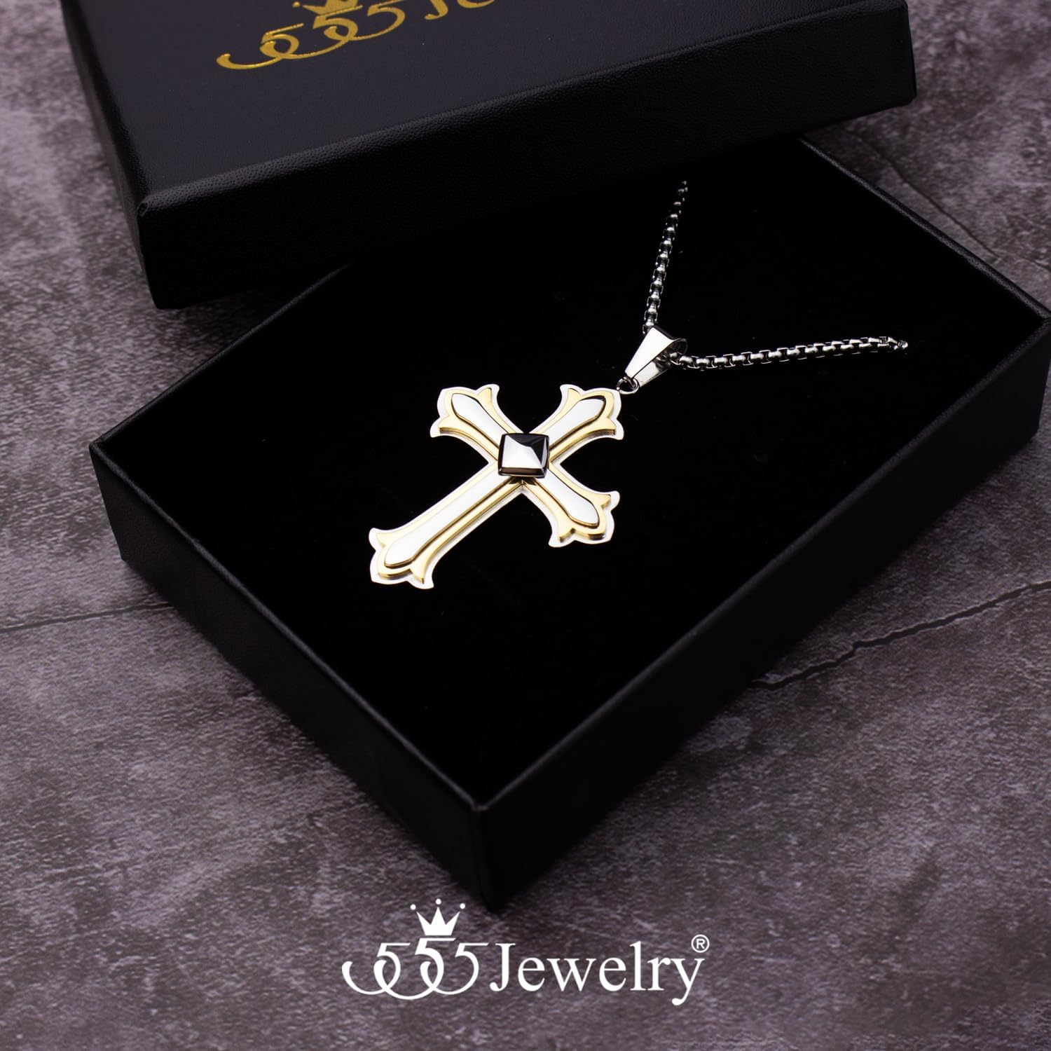 555Jewelry Layered Stainless Steel Cross Necklace for Men and Women, 16-24" Chain - Image 3