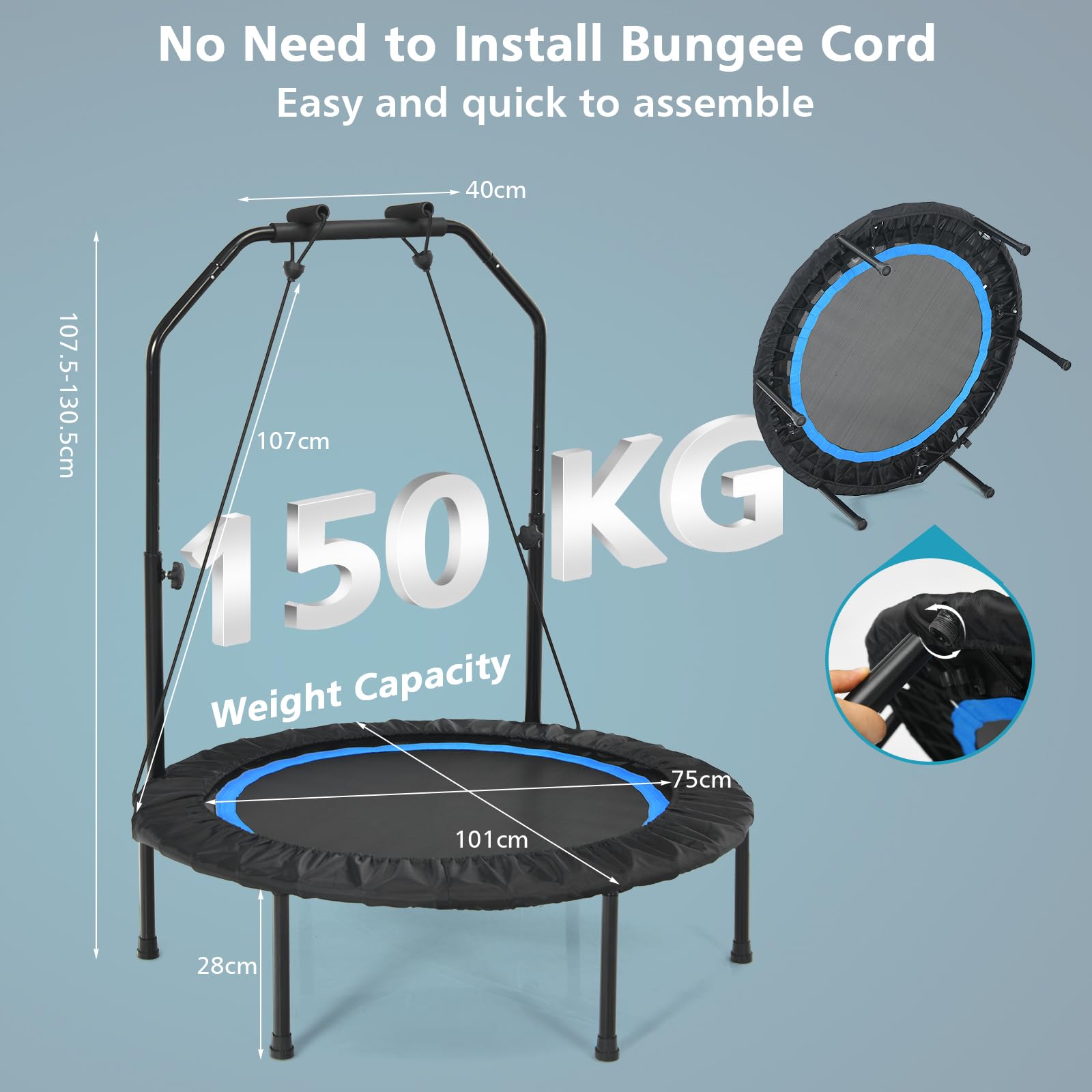 LIFEZEAL Trampolino per fitness pieghevole φ101 cm, saltatore con barra di sicurezza, 2 bande di resistenza, altezza regolabile 107,5-130,5 cm, telaio in acciaio, carico 150 kg, interno ed esterno