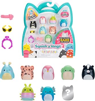 Squish-a-longs Mini-Squish 8-Pack Wave 3, Style 1 - Skunk, Pink Penguin, Blue Axolotl, accessories and more