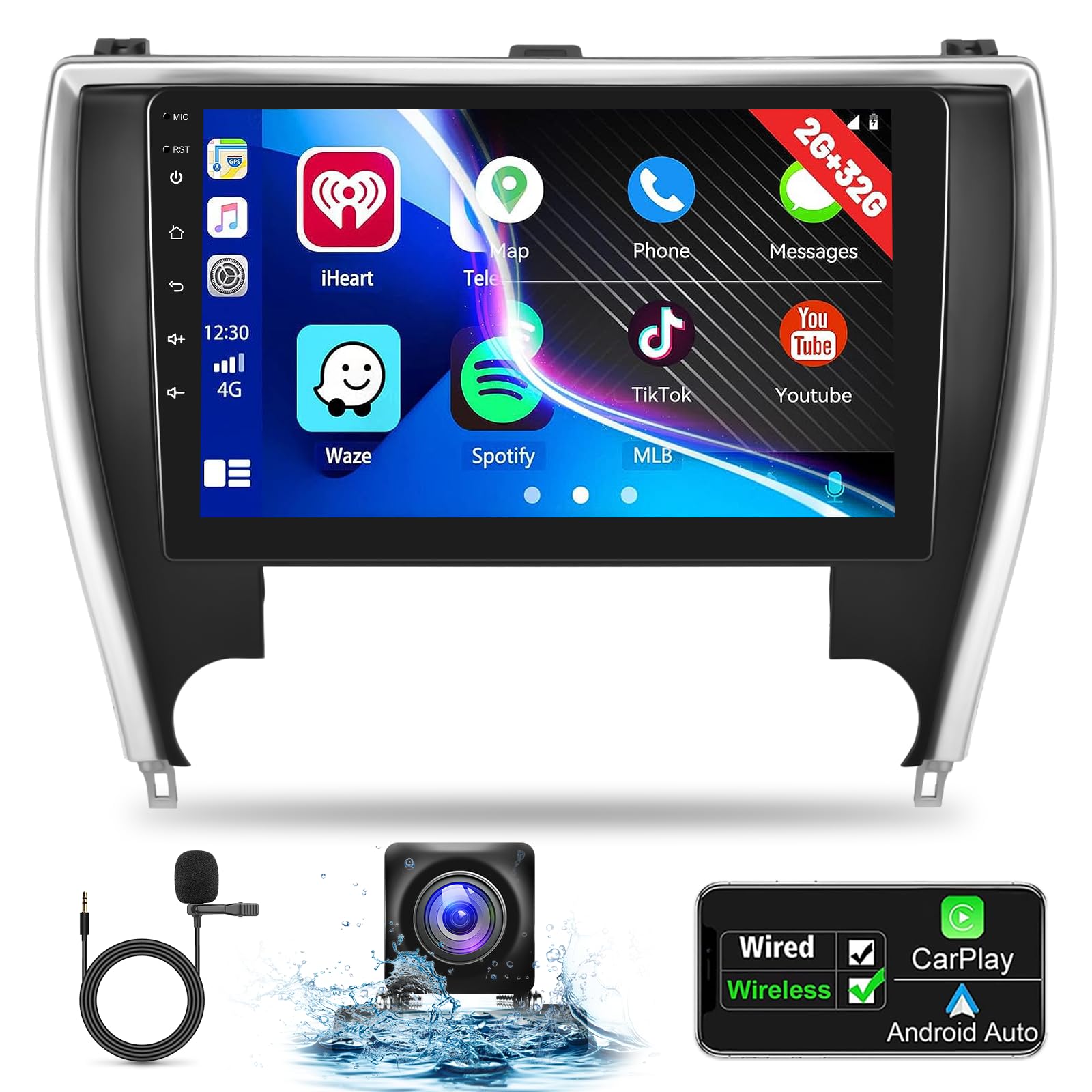[2+64G] Aftermarket Radio for Toyota Camry 2015 2016 2017, 9 inch Touch Screen Android Car Stereo - Wireless Carplay and Andorid Auto, 5G/WiFi, GPS, Split Screen, Multi-UI, SWC + Rear View Camera