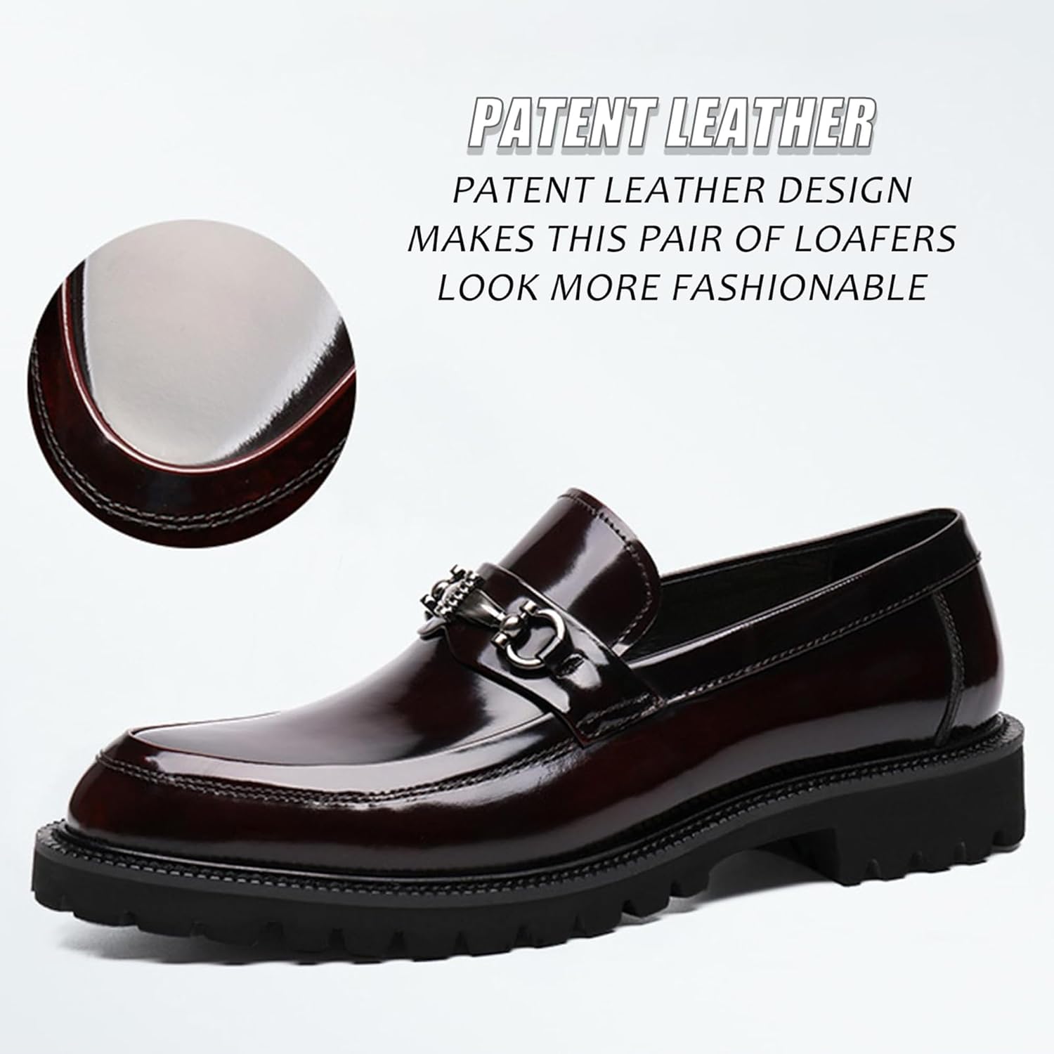Men's Patent Leather Chunky Heel Penny Loafers with Metal Horsebit Casual Non-Slip Lug Sole Slip-On Dress Shoes for Formal Business Wedding - Image 6