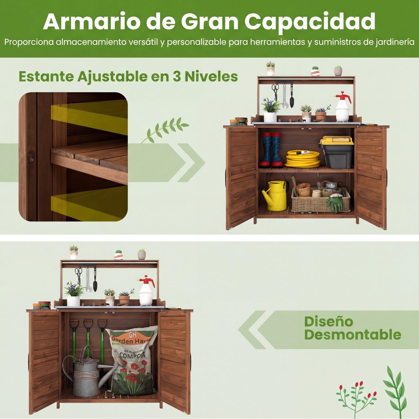 COSTWAY Mesa de Trabajo para Exteriores, Mesa de Jardinería de Madera con Tablero Metálico, Armario, Estantes Laterales Plegables, Estante Ajustable, Banco de Trabajo para Jardinería y Plantación
